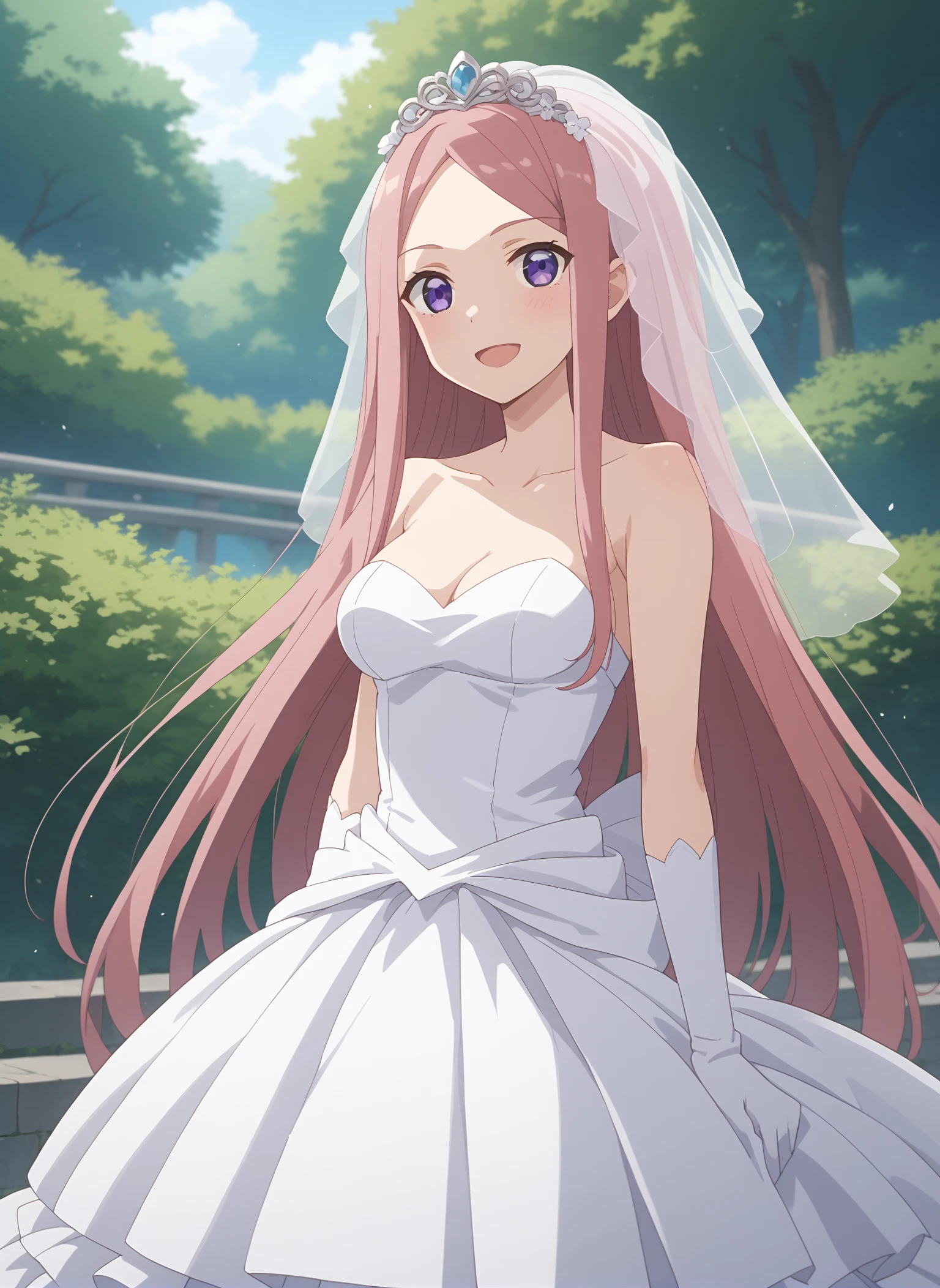 score_9, score_8_up, score_7_up, intricate details, source_anime, intricate details, highly detailed background, perfect lightingbest quality, fakenakanorena, solo, outdoors, nature, bridal veil, pink hair, parted bangs, very long hair, sidelocks, purple eyes, medium breasts, wedding dress, white dress, white gloves, frilled skirt, smile, open mouth, :d, <lora:Fake-Nakano-Rena-05:0.7>