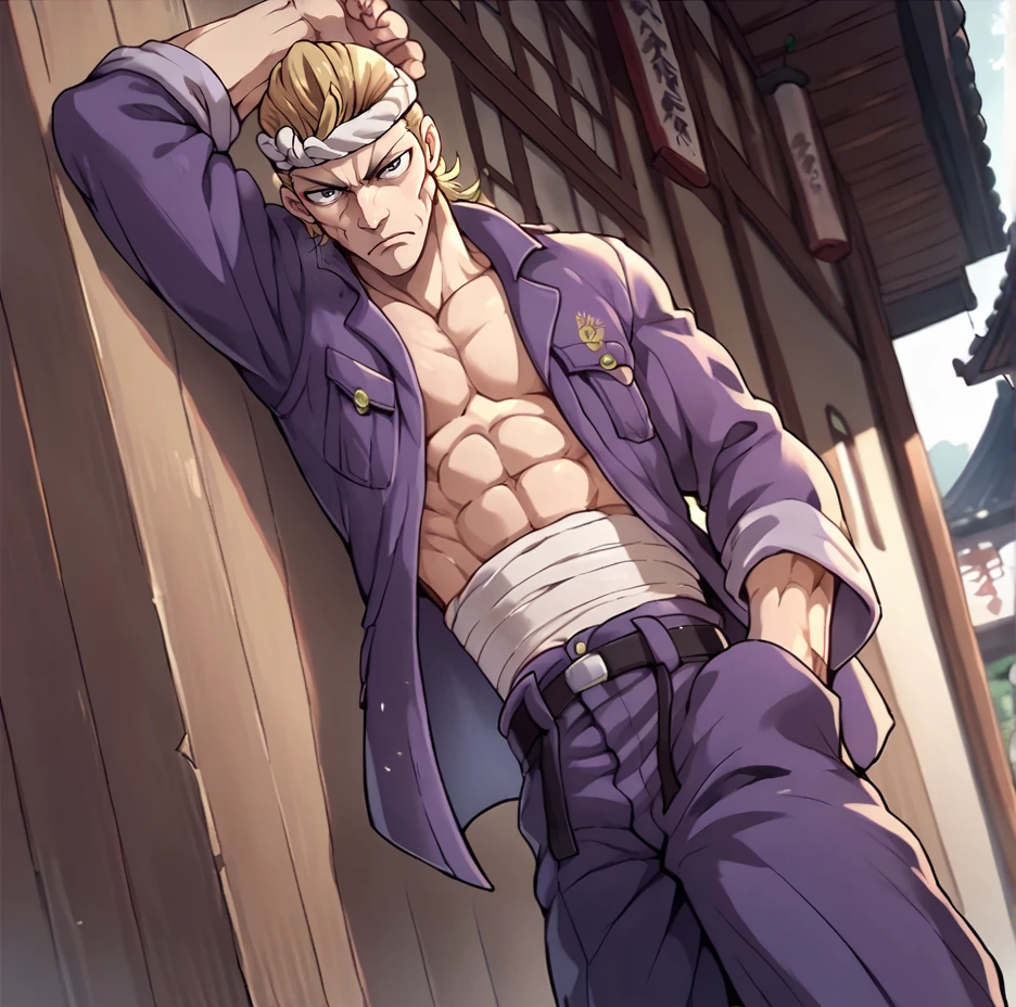 score_9, score_8_up, score_7_up, score_6_up, score_5_up, score_4_up,
<lora:Shiba_Chiharu:0.7>, sh1bachiharu, male focus, solo, blonde hair, headband, sarashi, hachimaki, jacket, leaning against wall, Japanese city,
