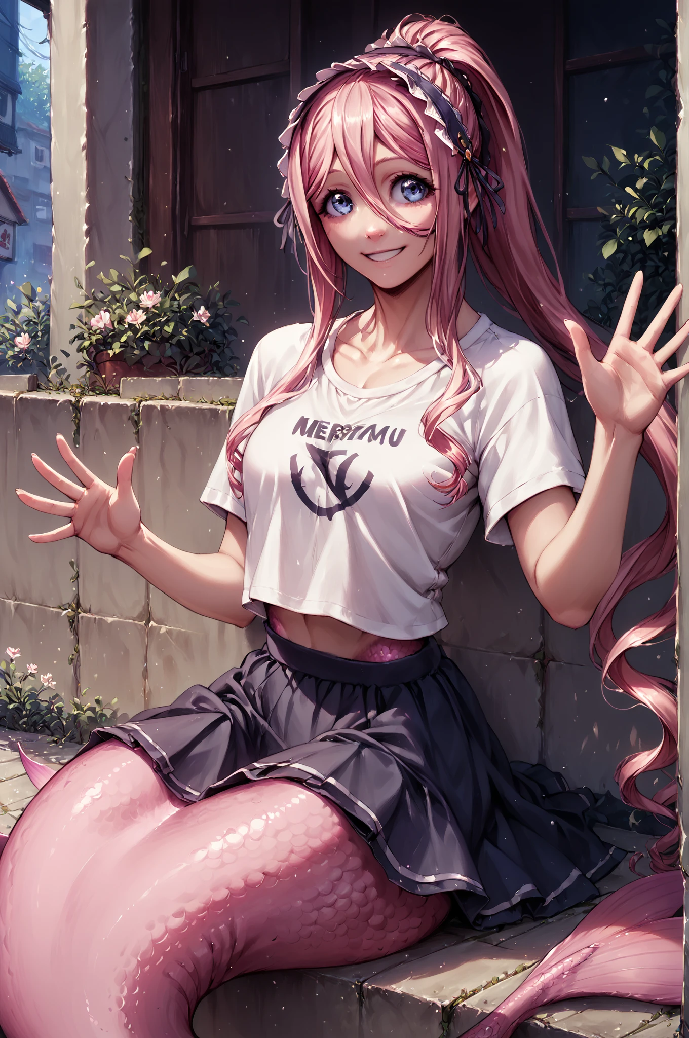 score_9, score_8_up, score_7_up, score_6_up, score_5_up, score_4_up,meroune_lorelei, pink_hair, sitting, smile, waving,
t-shirt, ponytail, skirt, 
<lora:meroV8-Pony150Dress100SwimNoother-000008:0.99>, (high quality, detailed, beautiful)