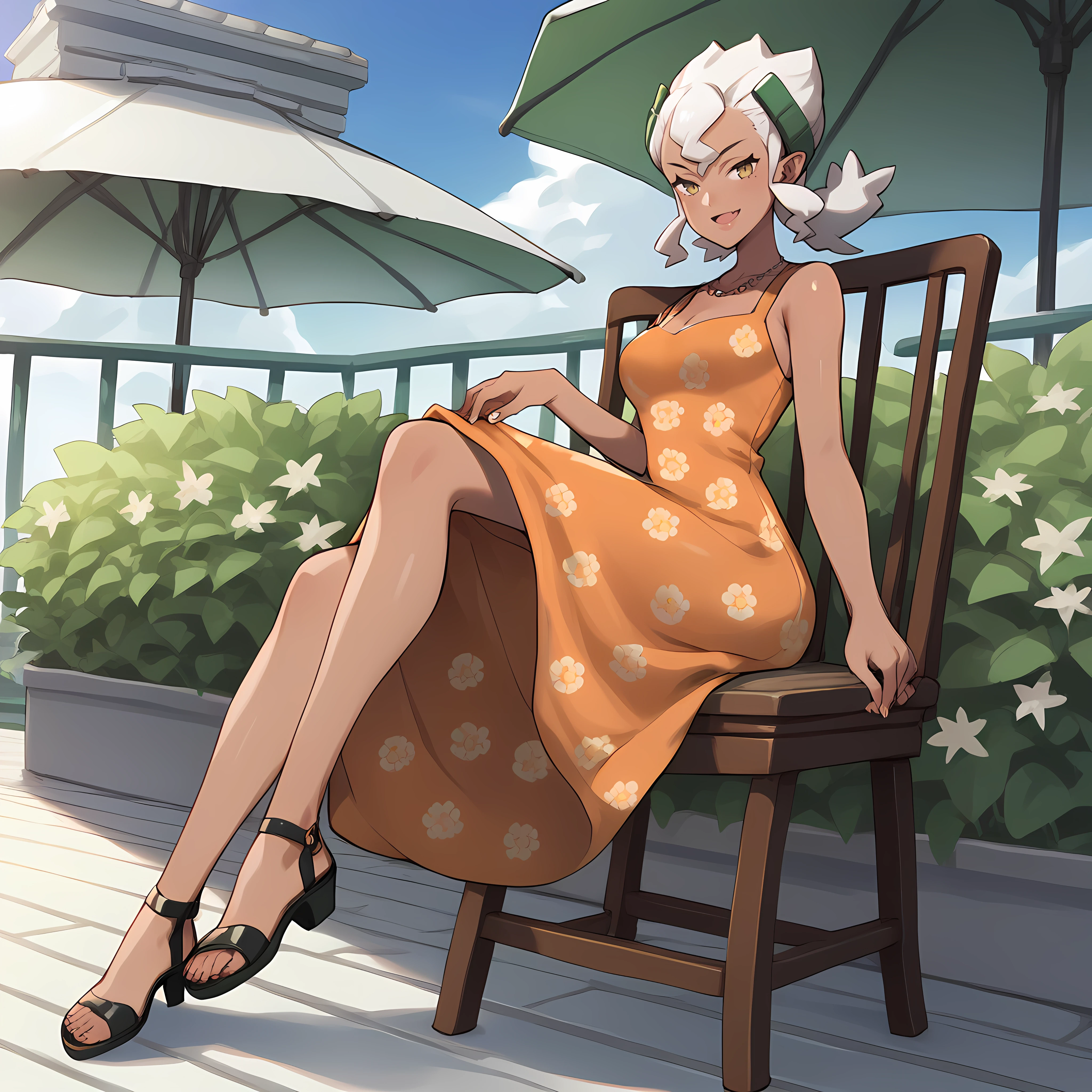 score_9,score_8_up,score_7_up,score_6_up,source_anime,rating_questionable, <lora:Professor_Burnet_-_Pokemon_SM:0.8> ProfBurnet_SM, Dark-Skinned Woman, orange dress, flower pattern dress, deck chair,, zPDXL2,