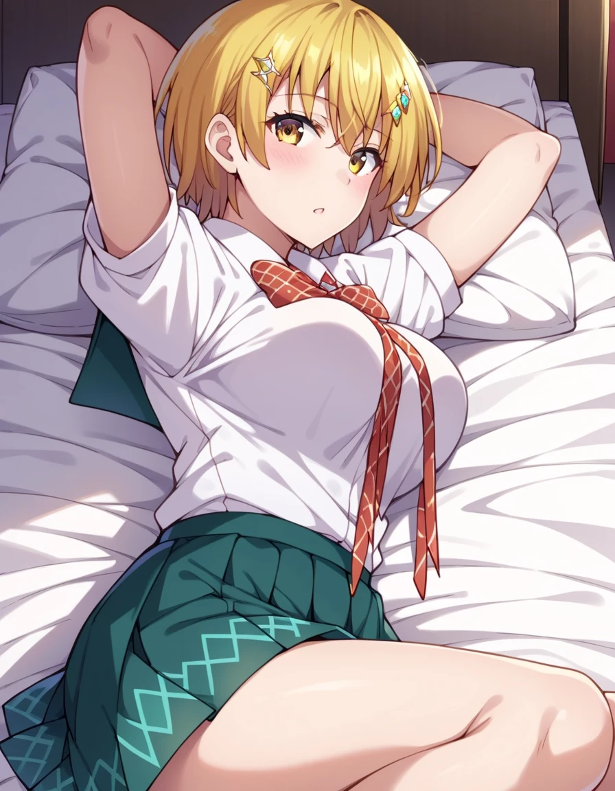 Blonde hair, maid uniform, red eyes, lying on bed, tight panties, legs apart, big thighs, pelvic, close up