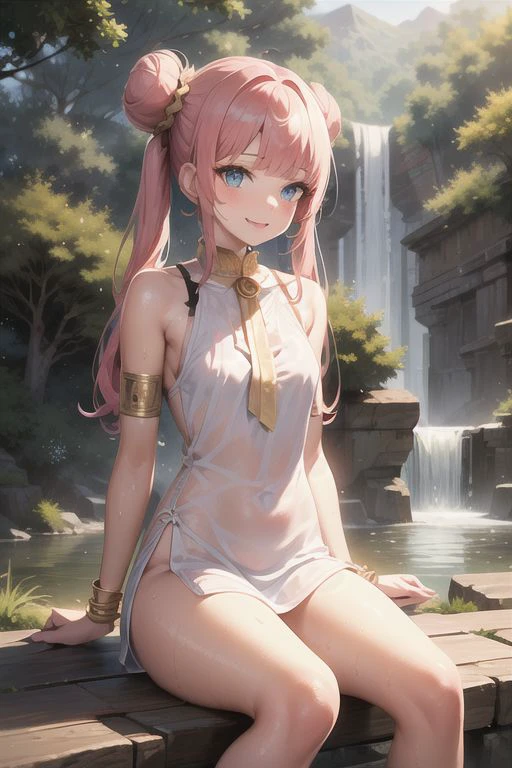 intricate details, finely detailed, <lora:Add Detail:0.4>, (masterpiece), best quality, high resolution, highly detailed, detailed background, (girl with long pink hair with buns and twintails with blue eyes), thin, small size, (curved), (armlets with intricate details), wet white shirt, little white panties,  ((((forest landscape with river and waterfall)))), noon, (very sunny), (birds), (ray of lights), smiling  happy, having fun, laughing, colorful backgrounds, close up,  ((small breasts)), blunt bangs,  st_sally, moss, vines, trees, sitting