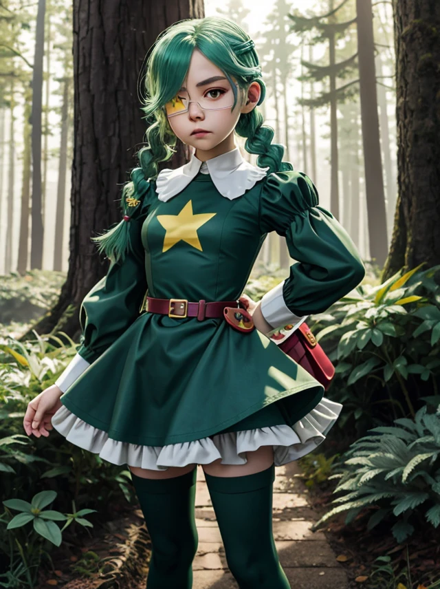 masterpiece, best quality, sgannie, 1girl, yellow eyes, eyepatch, green hair, braid, twin braids, green dress, dress, long  sleeves, puffy sleeves, belt, pouch, belt pouch, star, white bloomers, green thighhigh, boots, green boots, zettai ryouiki, standing, expressionless, forest <lora:annie-v2:1>