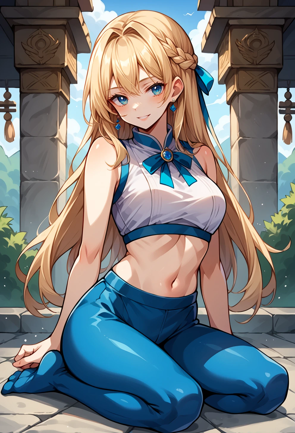 score_9, score_7_up, source_anime, solo, light smile, fantasy temple, marble \(stone\), full body,  BREAK <lora:mxmarina:1> mxmarina, french braid, half updo, Hair ribbon, crop top overhang, blue leggings,