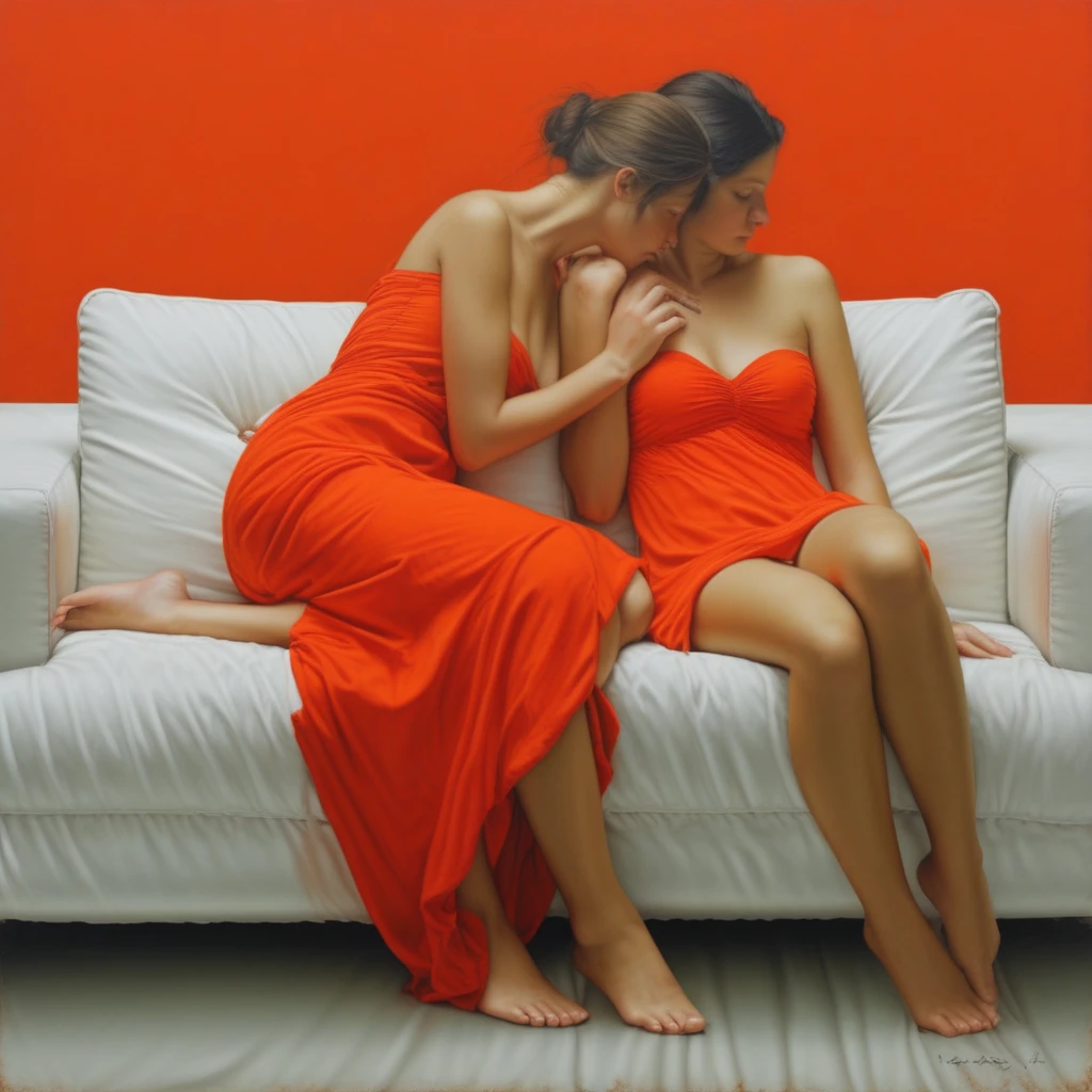 This hyperrealist painting depicts two nude female women in an intimate, tranquil atmosphere. The contrast of the bright orange dress against the white couch and muted ocean colors creates a striking visual effect.​​​​​​​​​​​​​​​​, creating an intriguing juxtaposition of artistic approaches within the same composition., seemingly sitting on a cushion made from white paint against a rust colored wall. She is wearing a red flowing dress with a ruched waistline. Her back is bare, This hyperrealist painting depicts a young woman posing gracefully against a dark