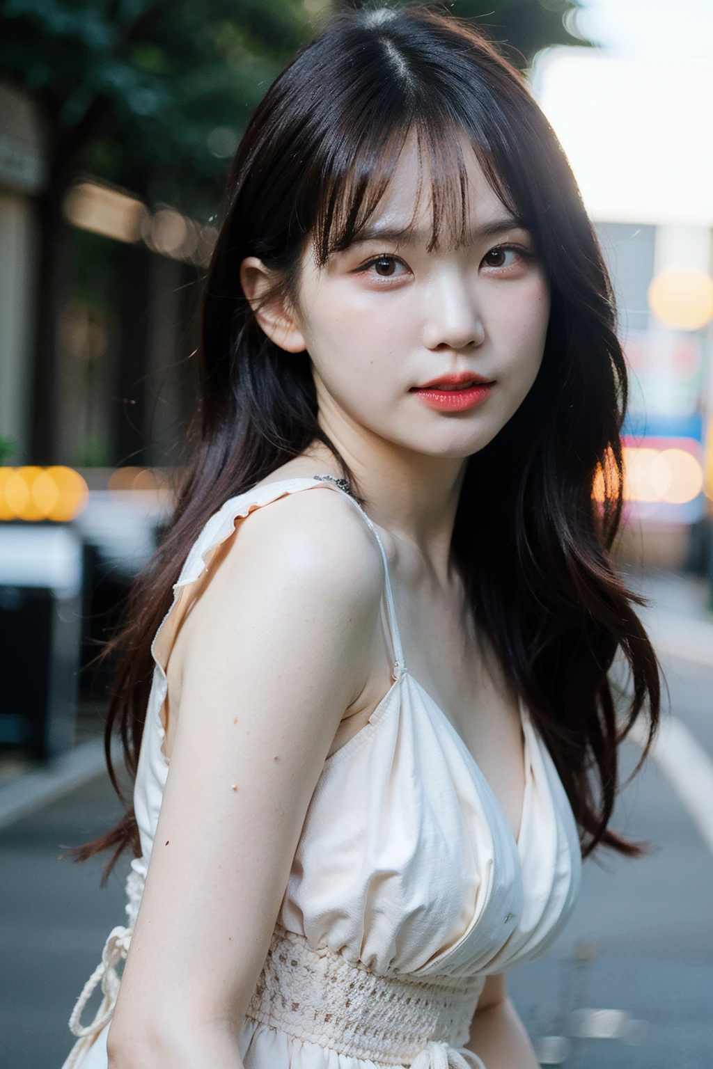 Best quality, masterpiece, ultra high res, (photorealistic), raw photo,1girl, skinny, upper body,solo, realistic, looking at viewer, long hair, bokeh background, city streets,brown eyes, bohemian dress, <lora:makina69_woojunging_v2.0:1>