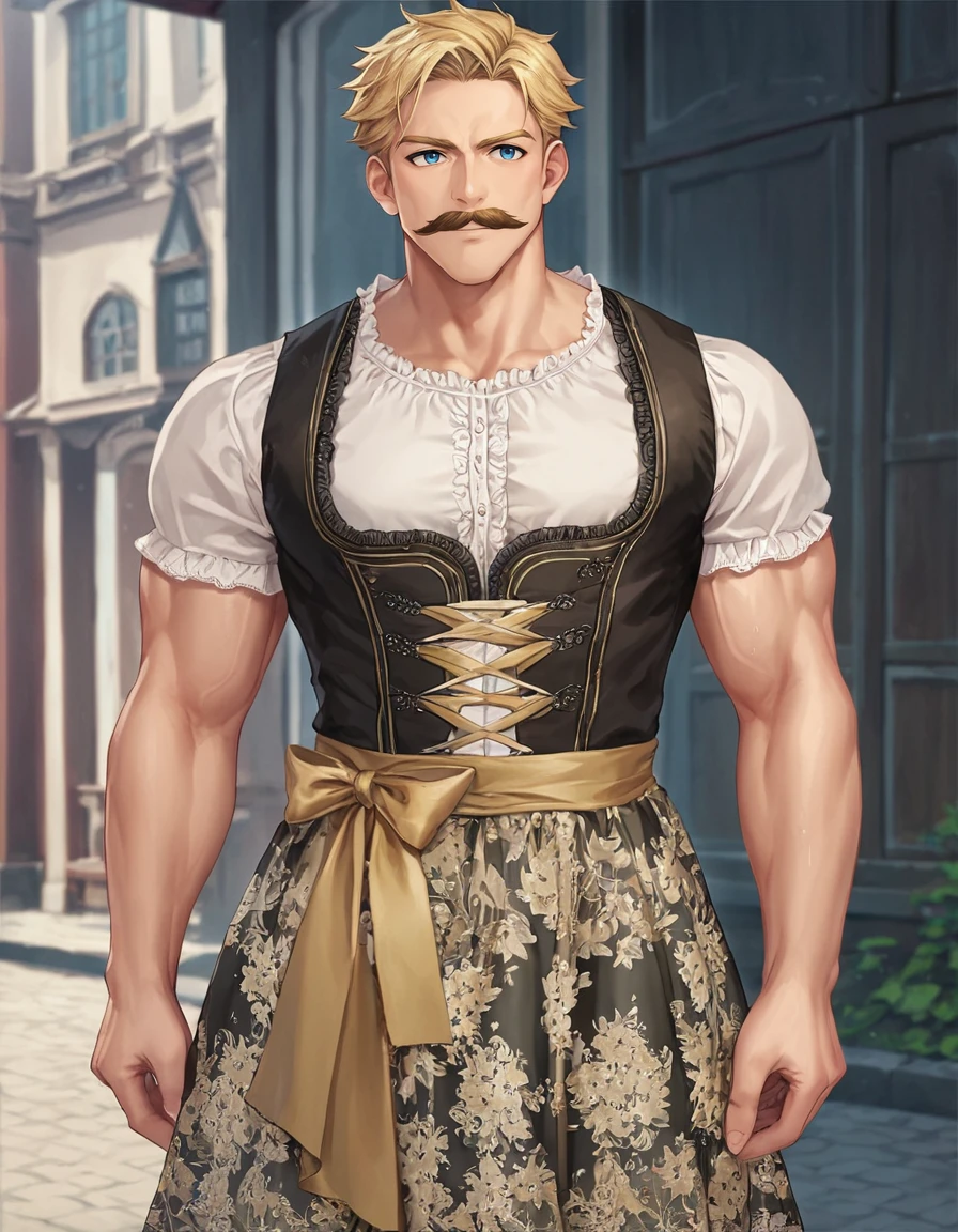 score_9, score_8_up, score_7_up,
source_anime,
1boy wearing black dirndl dress, floral print, 
male focus, solo, muscular, mustache, blonde hair, blue eyes,
anime german city background,
 <lora:dirndl:0.7>