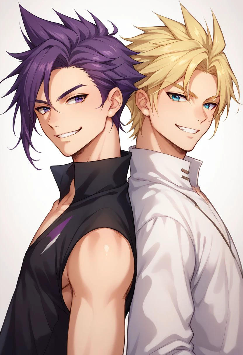 score_9, score_8_up, source_anime, highly detailed, 
multiple boys, blonde hair, 2boys, male focus, smile, purple hair, blue eyes,
purple eyes, grin, looking at viewer, spiked hair, back-to-back