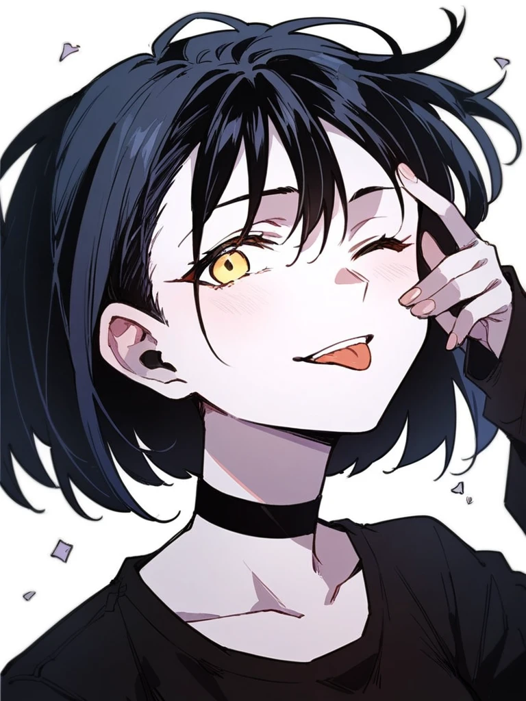 score_9, score_8_up, score_7_up, 
1girl, rosewood fox ludika, pale skin, yellow eyes, medium hair, black hair, bangs, 
looking at viewer, wink, one eye closed, tongue out, smile, upper body, black choker, black t-shirt, long sleeves,
