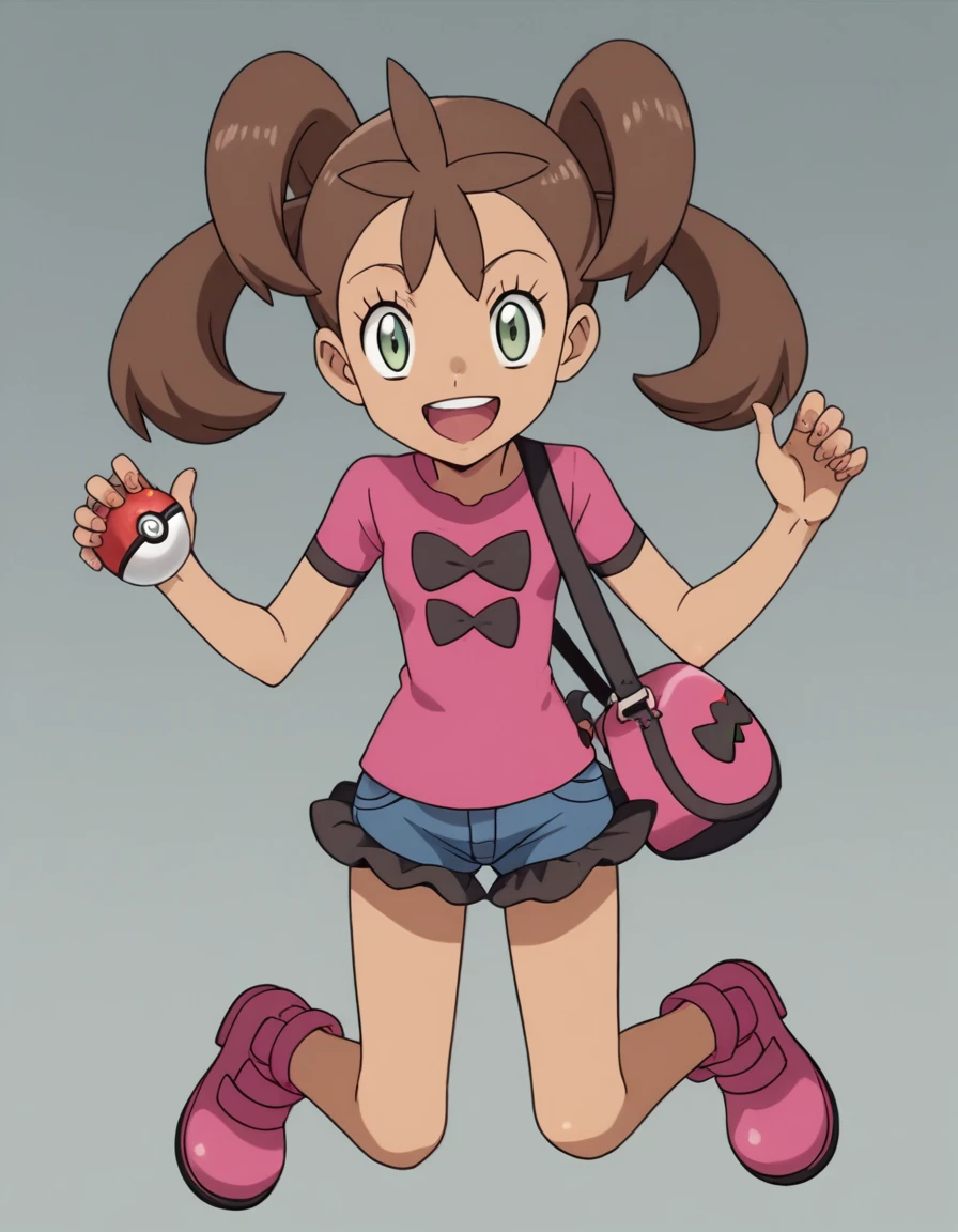 score_9, score_8_up, score_7_up, score_6_up, score_5_up, score_4_up, BREAK source_anime, anime screencap, <lora:ShaunaXL-05:1> ShaunaXL, 1girl, poke ball, open mouth, solo, holding, bag, smile, teeth, pink footwear
