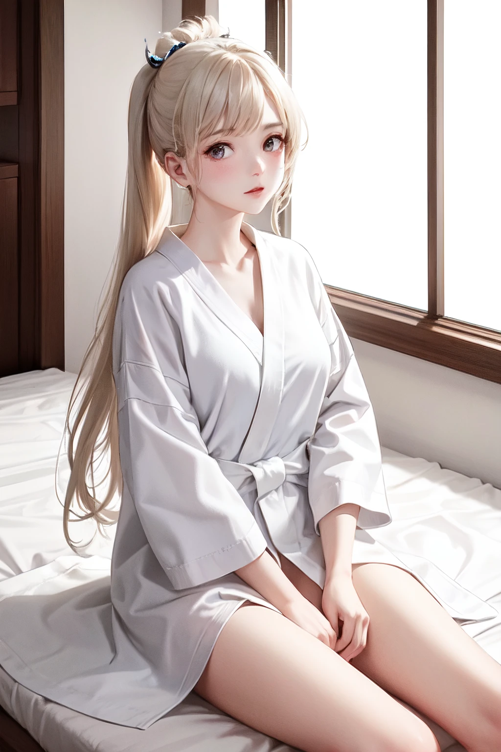 masterpiece, Highest quality, beautiful, high resolution, perfect anatomy, top-quality、 8K、 bathrobe, (woman) in a bathrobe, rocking chair, Sitting in a rocking chair, Sitting in a rocking chair in a bathrobe、 a beauty girl、 Nice、 Beautiful hair、 Beautiful eyes、 Beautiful skin、Beautiful legs、Beautiful arms、Perfect fingers、 Very cute、 Very kawaii、