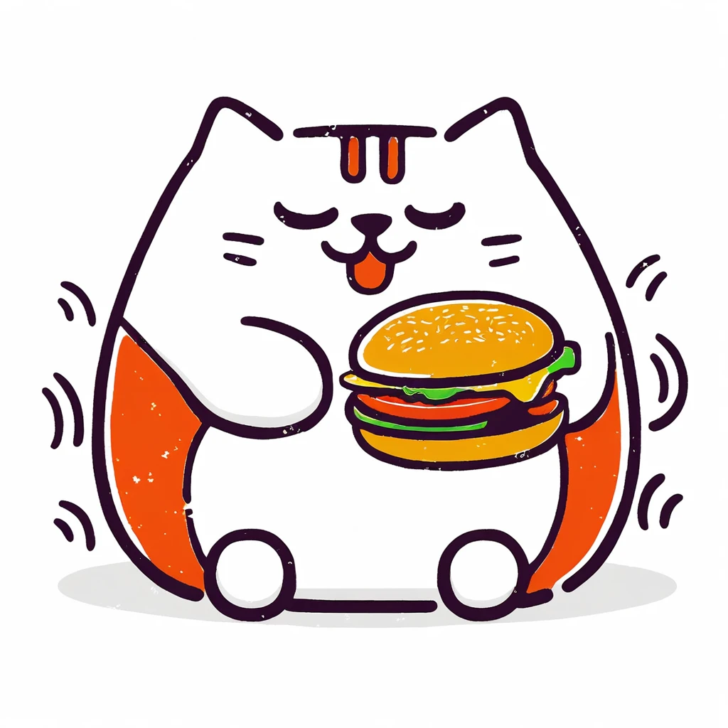 abstract style, Brand Identity Design, Chubby cat, eating burgers, white background, Cartoon characters, Minimalist lines,non-representational, colors and shapes, expression of feelings, imaginative, highly detailed,
