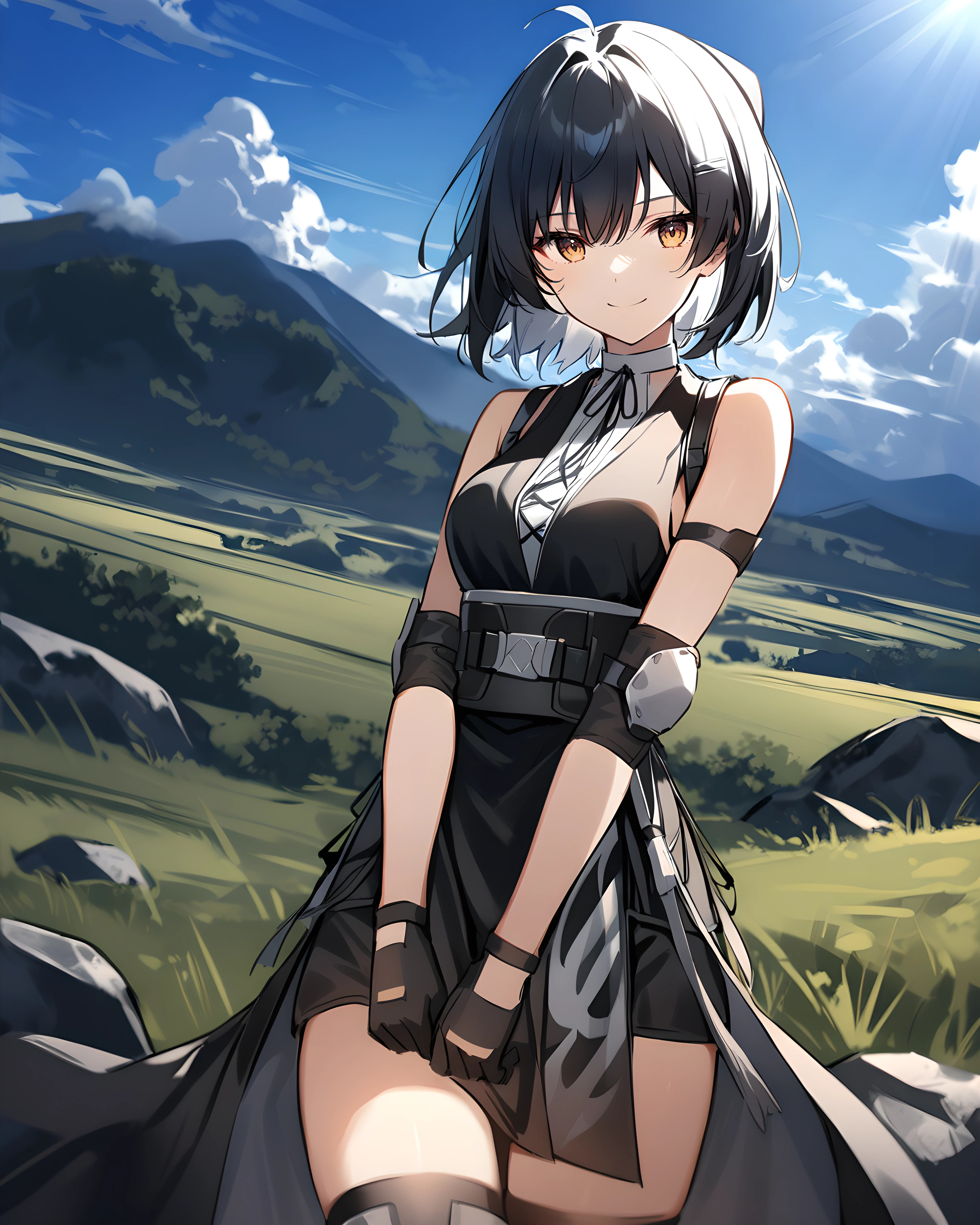 1girl, cowboy shot, standing, Female Rover, black dress, elbow pads, black gloves, closed mouth, smile, v arms, outdoors, cloud, blue sky, sunlight <lora:FM3:0.6>