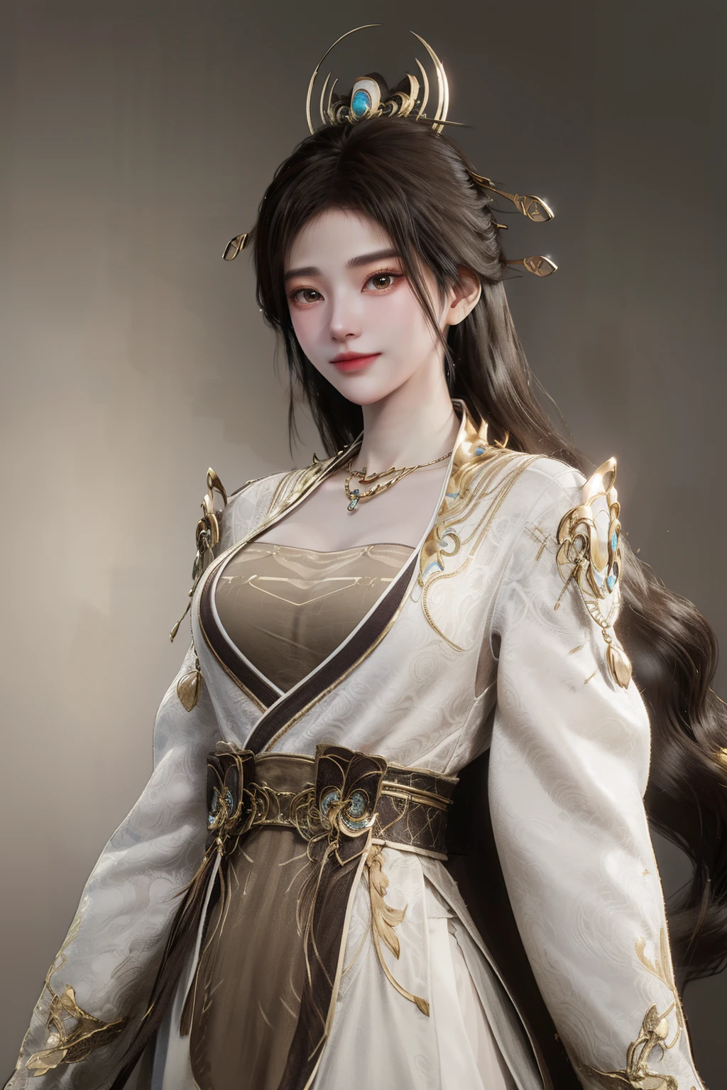 <lora:yaoxi:1>,yaoxi,1girl,solo,long hair,white background,jewelry,brown hair,necklace,dress,hair ornament,(simple background:1.6),upper body,realistic,parted lips,chinese clothes,long sleeves,<lora:give it a name:0.6>,Golden glowing background,