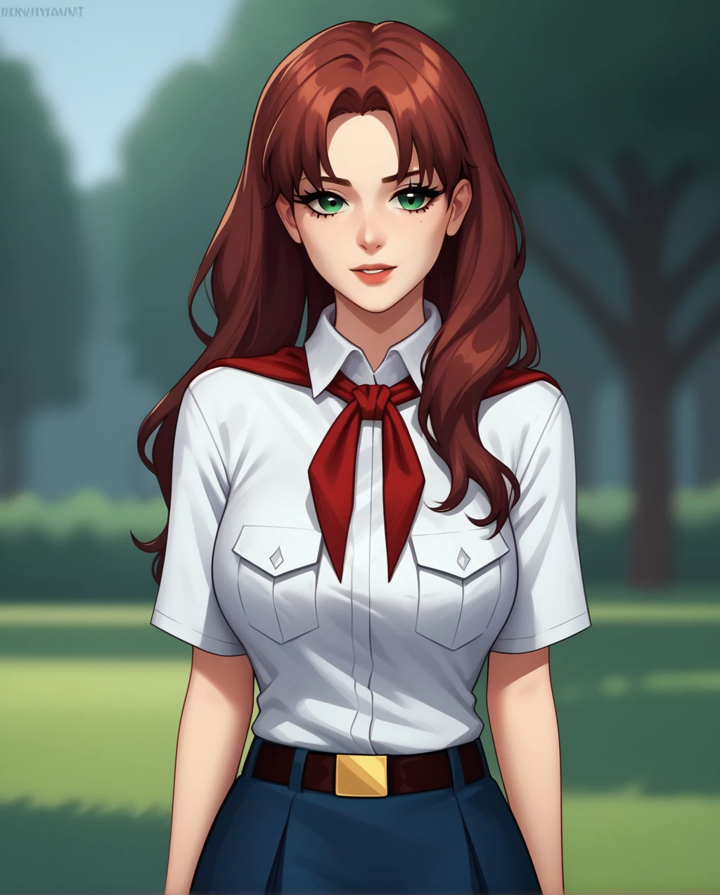 score_9, score_8_up, score_7_up, score_6_up, score_5_up, score_4_up, source_anime, 
BREAK
OlgaD, white shirt, blue skirt , red neckerchief, large breasts
BREAK
park background,  <lora:OlgaEverlastingSummerv3:0.8>