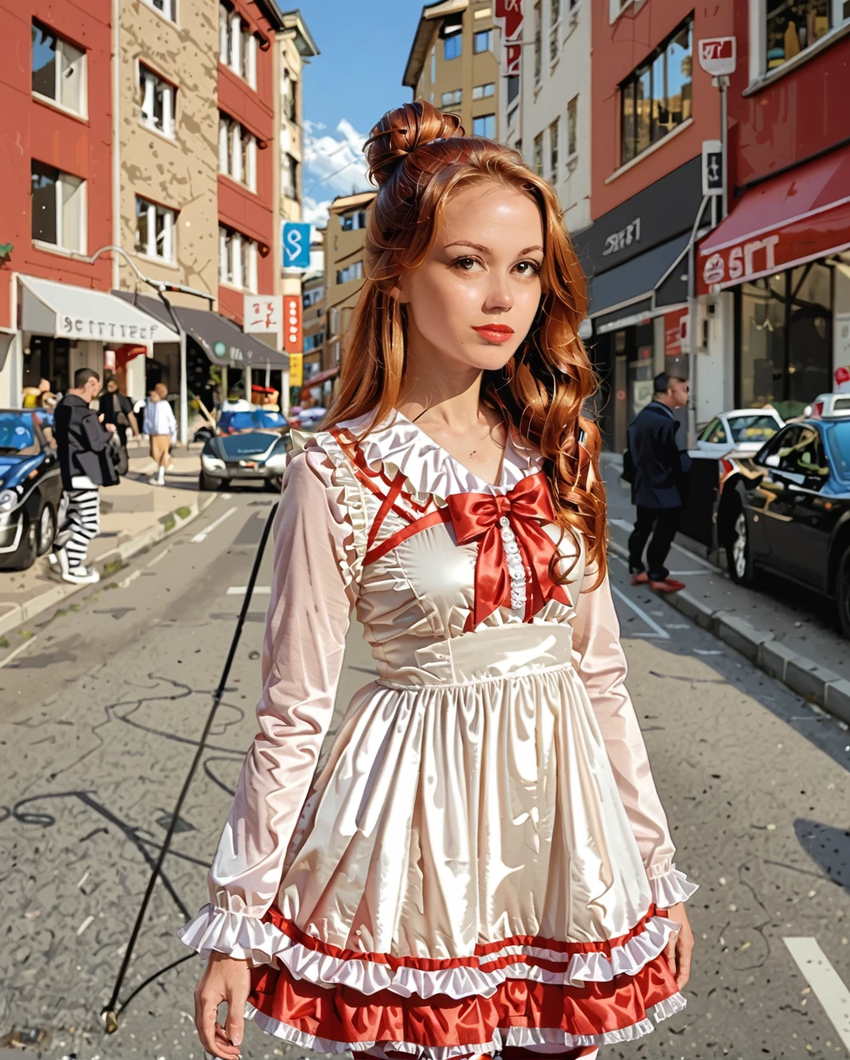 score_9, 1girl , solo focus,cowboy shot, hair bun,  long hair, red hair,  city street,  <lora:LFashionPDXL:.65> zzLFashion,  frilled dress, frills, bow, dress,  pantyhose,, striped thighhighs,   <lora:Marisha_Ray_Pony:1> marisha