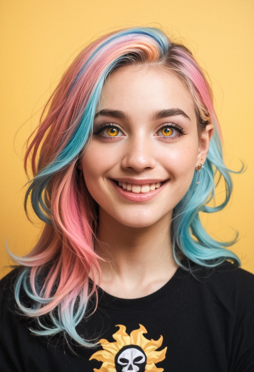 score_9, score_8_up, score_7_up, photo, realistic, Film still, cinematic, flash photography, 2005 cute emo woman, smiling, scene girl, pastel hair, vibrant yellow background, sharp focus, detailed skin texture, detailed eyes,