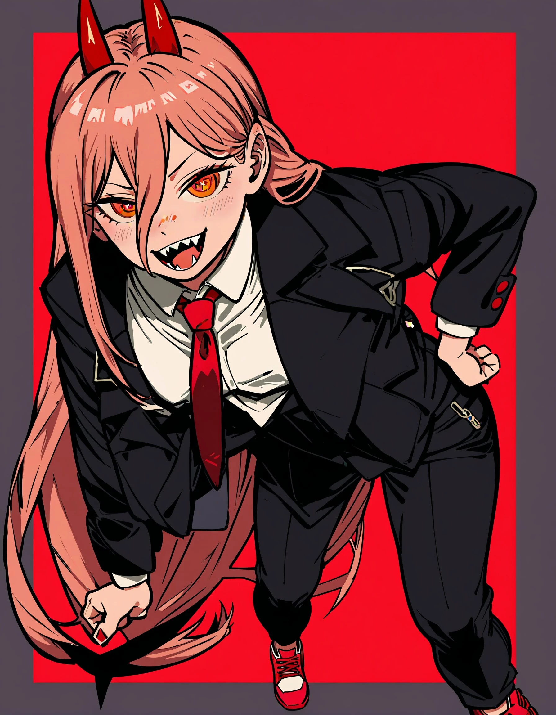 1girl, horns, power_(chainsaw_man), long_hair, solo, necktie, pink_hair, red_eyes, shirt, black_necktie, cross-shaped_pupils, hair_between_eyes, open_mouth, symbol-shaped_pupils, teeth, sharp_teeth, looking_at_viewer, demon_horns, pants, white_shirt, jacket, collared_shirt, hand_on_hip, formal, suit, simple_background, red_horns, black_pants, smile, fangs, red_background, demon_girl, blush, red_footwear, black_jacket, breasts, holding, black_background, shoes, very_long_hair