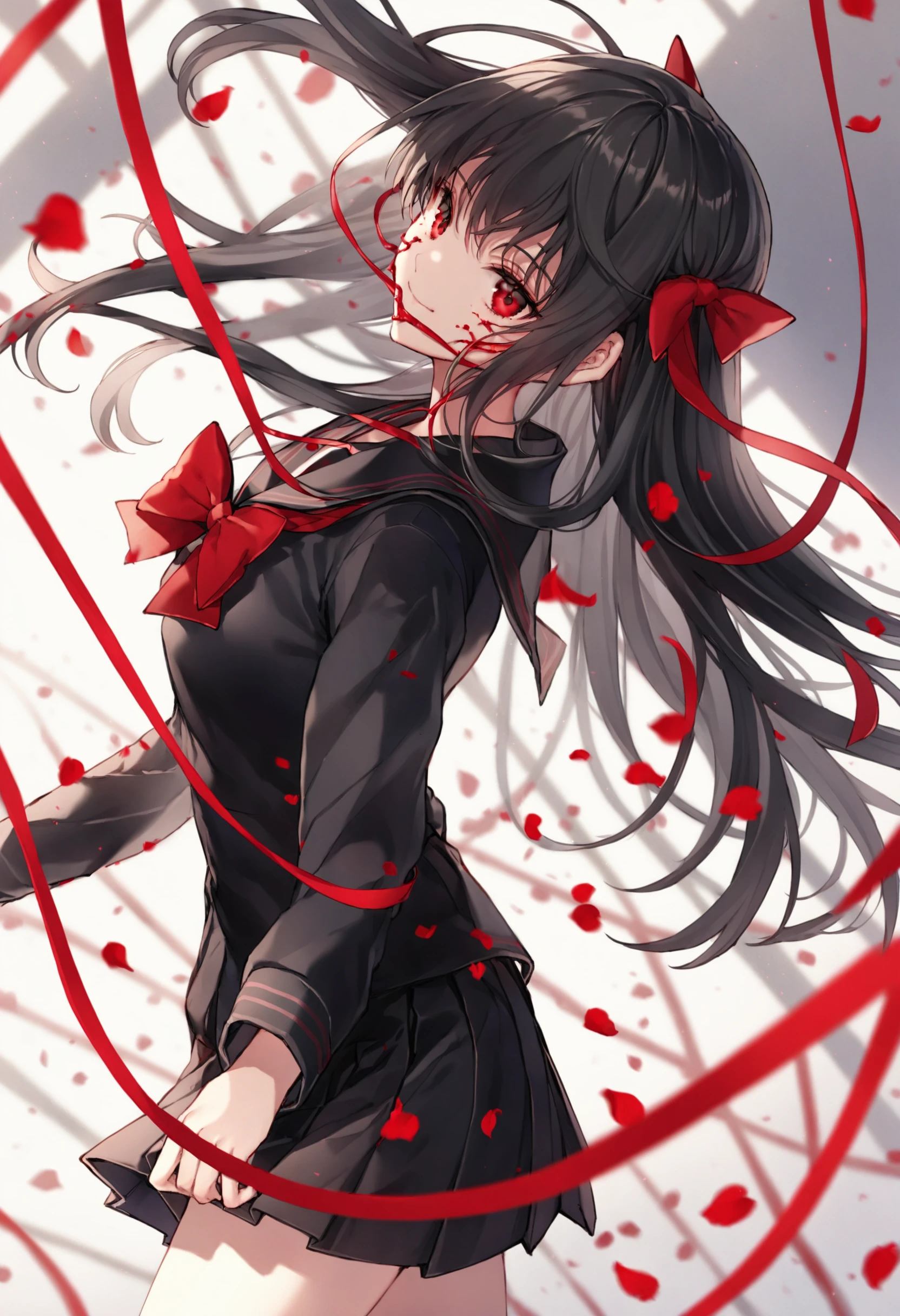 masterpiece,best quality,1girl, solo, long hair, skirt, looking at viewer, school uniform, black skirt, red eyes, long sleeves, serafuku, shirt, sailor collar, ribbon, black hair, hair bow, bow, red ribbon, from side, string of fate, petals, closed mouth, blood on face, blood, floating hair, white shirt, black sailor collar, smile, pleated skirt 
 <lora:nardackXLlokr8f-000183:0.95>