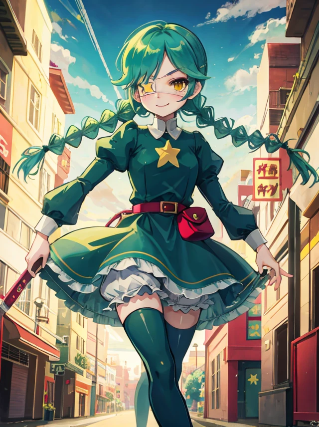 masterpiece, best quality, sgannie, 1girl, yellow eyes, eyepatch, green hair, braid, twin braids, green dress, dress, long  sleeves, puffy sleeves, belt, pouch, belt pouch, star, white bloomers, green thighhigh, boots, green boots, zettai ryouiki, walking, smile, city <lora:annie-v2:1>