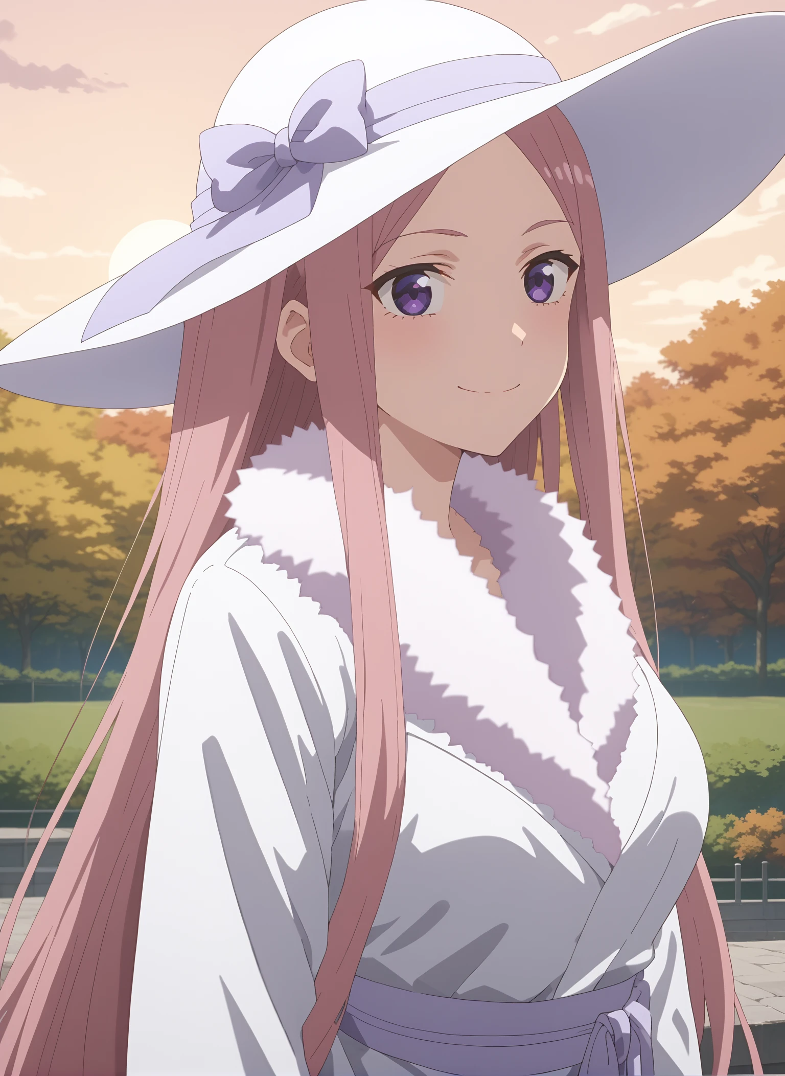 score_9, score_8_up, score_7_up, intricate details, source_anime, intricate details, highly detailed background, perfect lightingbest quality, fakenakanorena, solo, outdoors, nature, autumn, sun hat, hat ribbon, purple ribbon, white headwear, pink hair, parted bangs, very long hair, sidelocks, purple eyes, medium breasts, white coat, fur-trimmed coat, fur trim, long sleeves, smile, closed mouth, :), <lora:Fake-Nakano-Rena-05:0.7>