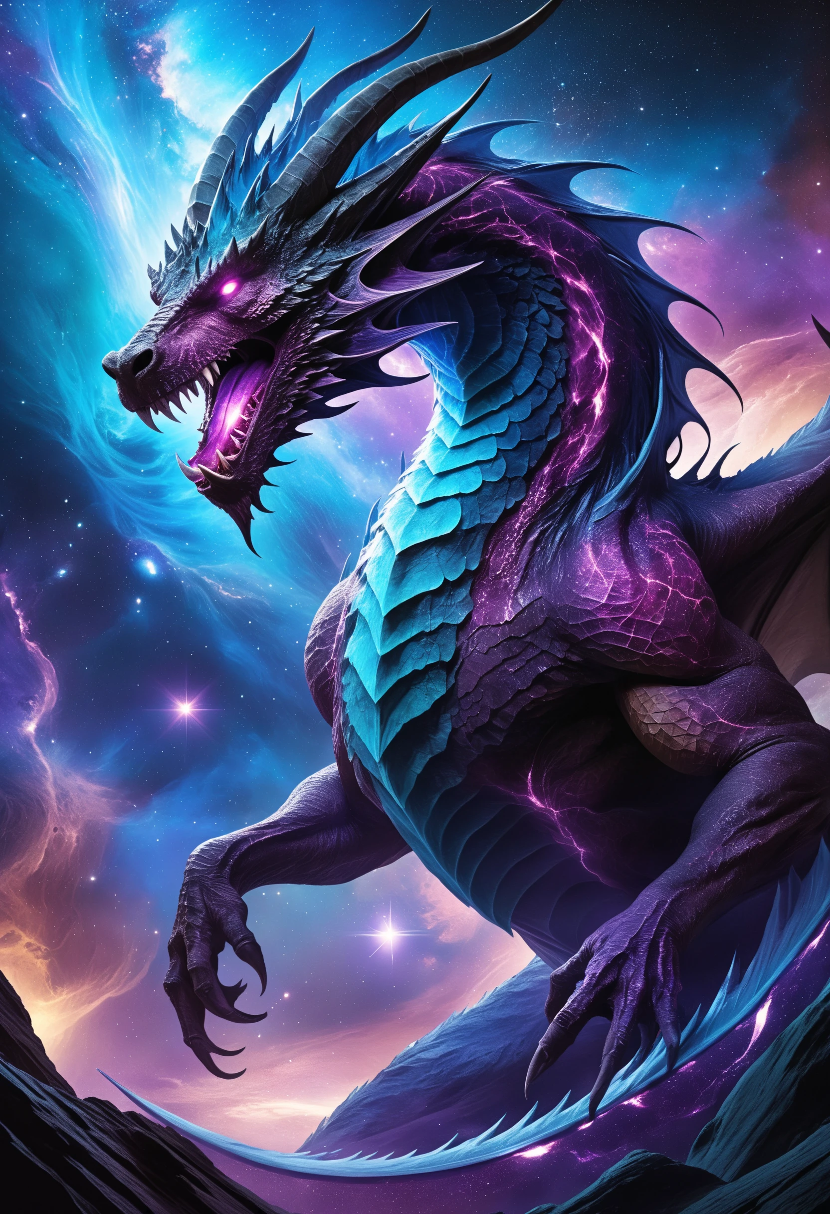 Create a mesmerizing cosmic scene featuring space dragon with evil maw ,nebula-like formations, glowing celestial bodies, and radiant energy waves that intertwine, illuminating the dark space with vibrant dim hues of blue and purple. amazing and outstanding quality:1.4