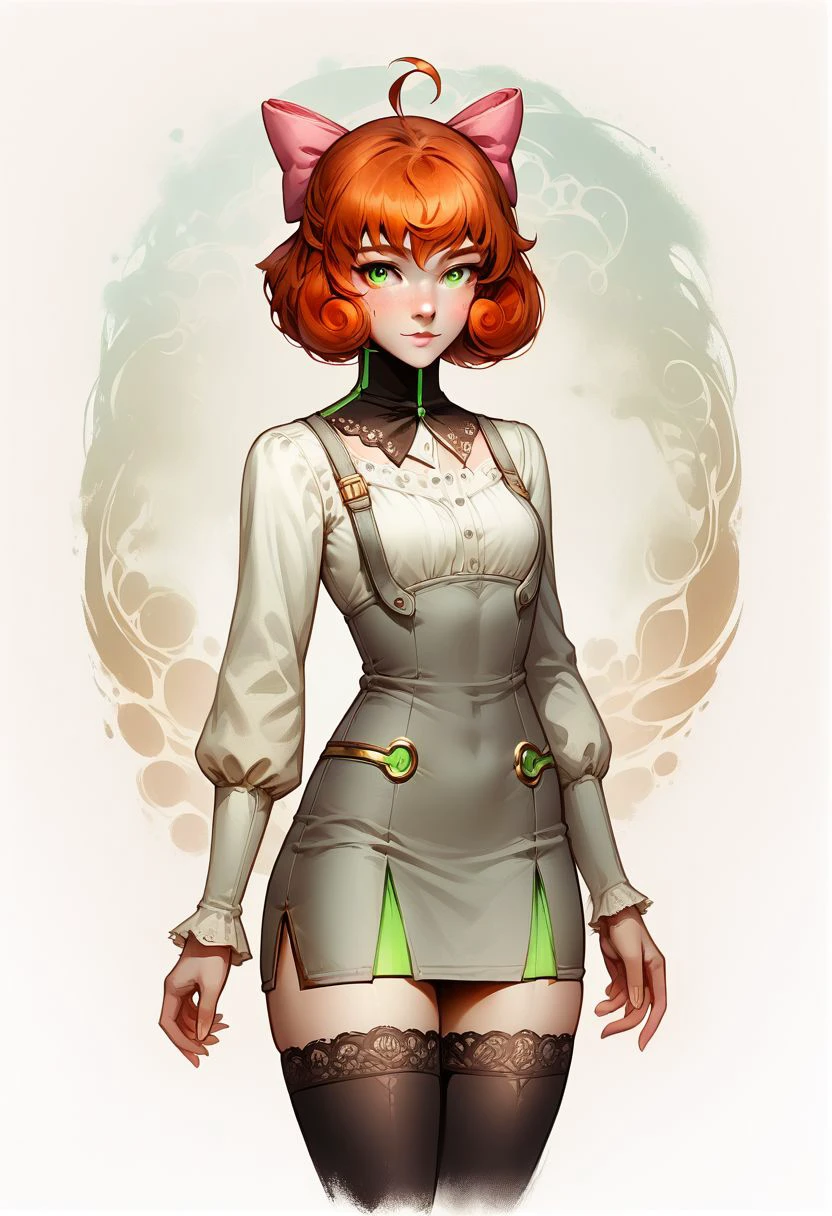 Faded Headshot, faded bottom, faded edges ,score_9,score_8_up,score_7_up,score_6_up,score_5_up,
1girl, Penny Polendina, \(RWBY\),(ultra HD quality details), green eyes, ginger hair,
short hair, 
gorget, grey dress, short dress, pencil skirt, neon trim, gold trim, white blouse, long sleeves, black thighhighs, pink bow,
perfect anatomy, perfect face, abstract beauty, beautiful, centered, looking at the camera, approaching perfection, dynamic, moonlight, highly detailed, watercolor painting, artstation, concept art, smooth, sharp focus, illustration, 
small breasts,