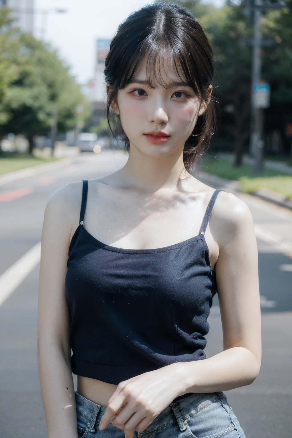 (realistic), (hyperrealism),best quality, masterpiece,ultra high res, (photorealistic:1.4),1girl,(looking at viewer:1.2),1girl, solo, realistic, looking at viewer, parted lips, short jeans, tanktop, upper body,
, <lora:makina69_woojunging_v2.0:1>