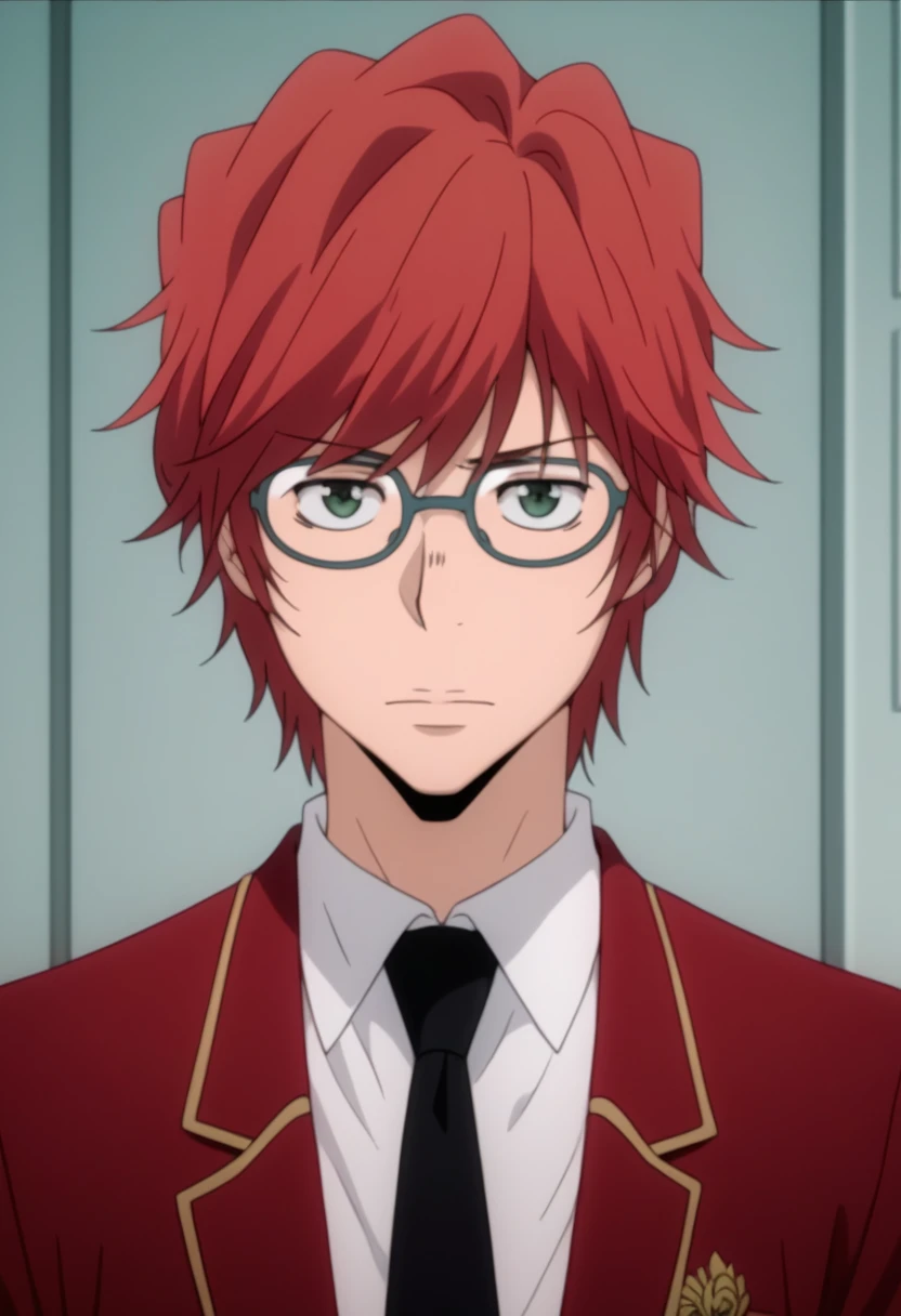 score_9, score_8_up, score_7_up, score_6_up, highly detailed, masterpiece, best quality,detailed,intricate details, amazing quality, best aesthetic, absurdres, shoichi irie, red hair, green eyes, glasses, 1boy, male focus, solo, red jacket, school uniform, black necktie, white shirt<lora:EMS-391474-EMS:1.000000>