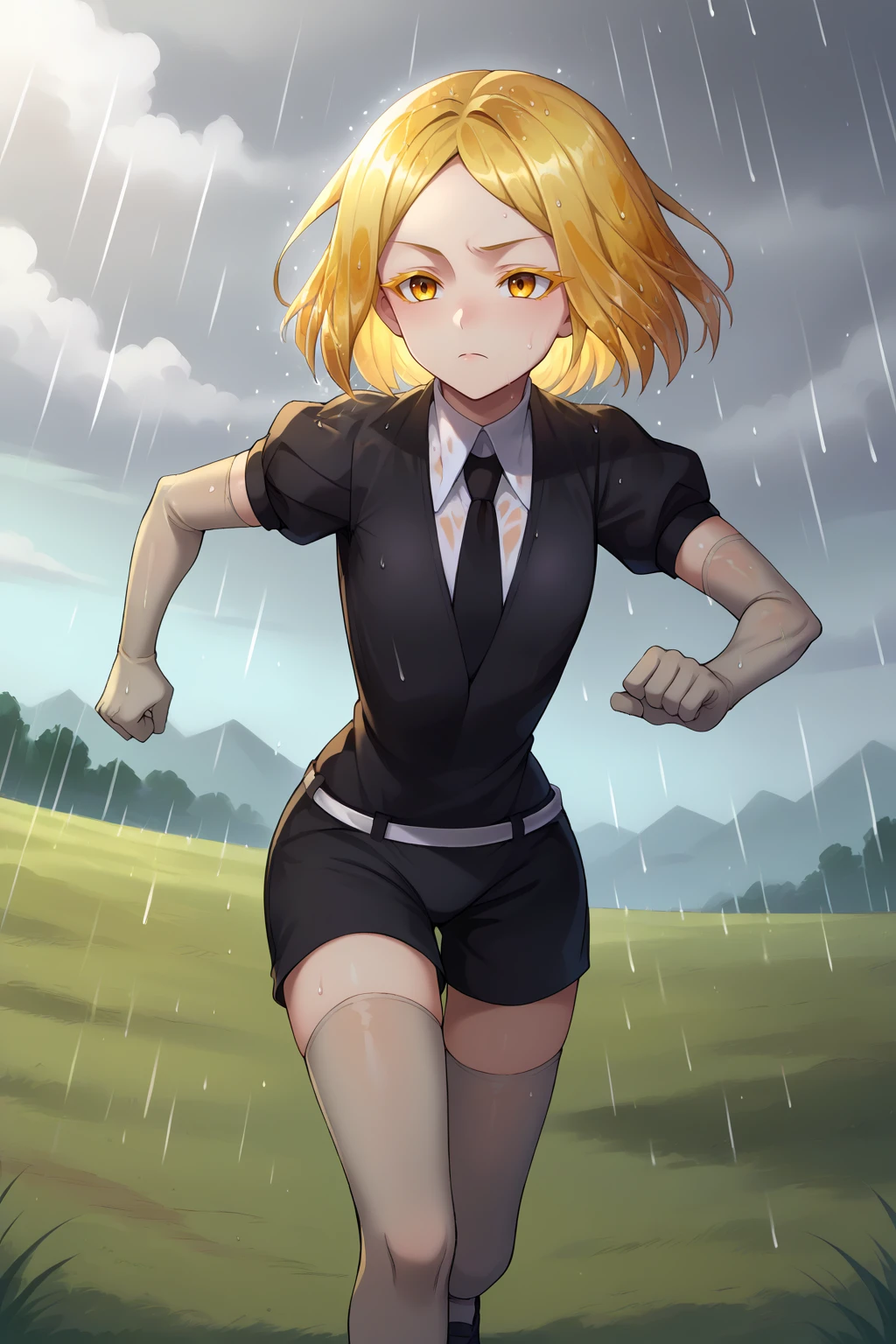 score_9, score_8_up, score_7_up, source_anime, serious, cowboy shot, hskylw, medium hair, crystal hair, colored eyelashes, white skin, black shirt, puffy short sleeves, collared shirt, black necktie, elbow gloves, grey gloves, black shorts, grey thighhighs, black footwear, running, outdoors, rain, grey sky, grass, <lora:Hoseki_HousekiNoKuni_YellowDiamond_PDXL_v1:1>