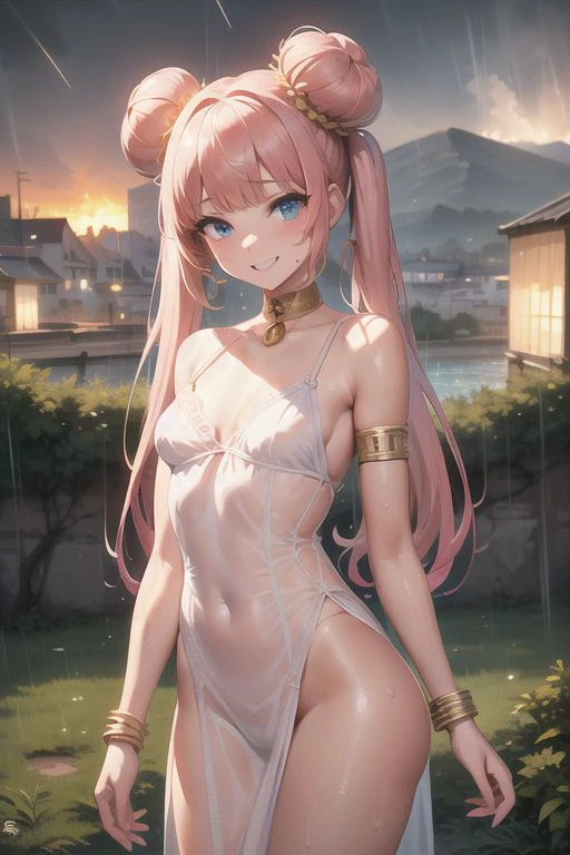 intricate details, finely detailed, <lora:Add Detail:0.4>, (masterpiece), best quality, high resolution, highly detailed, detailed background, (girl with long pink hair with buns and twintails with blue eyes), thin, small size, (curved), (armlets with intricate details), wet white shirt, little white panties,  ((((landscape of a storm at the seaside with sprays of fire and city and rain)))), noon, (very sunny), (birds), (ray of lights), smiling  happy, having fun, laughing, colorful backgrounds, close up,  ((small breasts)), blunt bangs,  st_sally, moss, vines, trees,