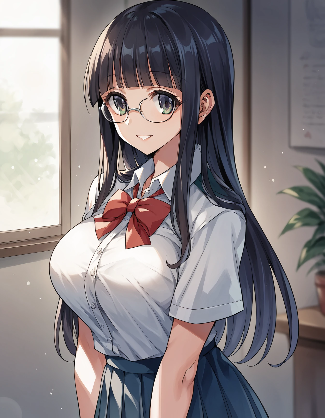 One Girl、Black Hair、Braids、Glasses、Big Breasts、School teacher、Smiling、White shirt、Tight Skirt、Pencil Skirt、Teaching Excellence、blackboard、Angle from above、Watching the audience、