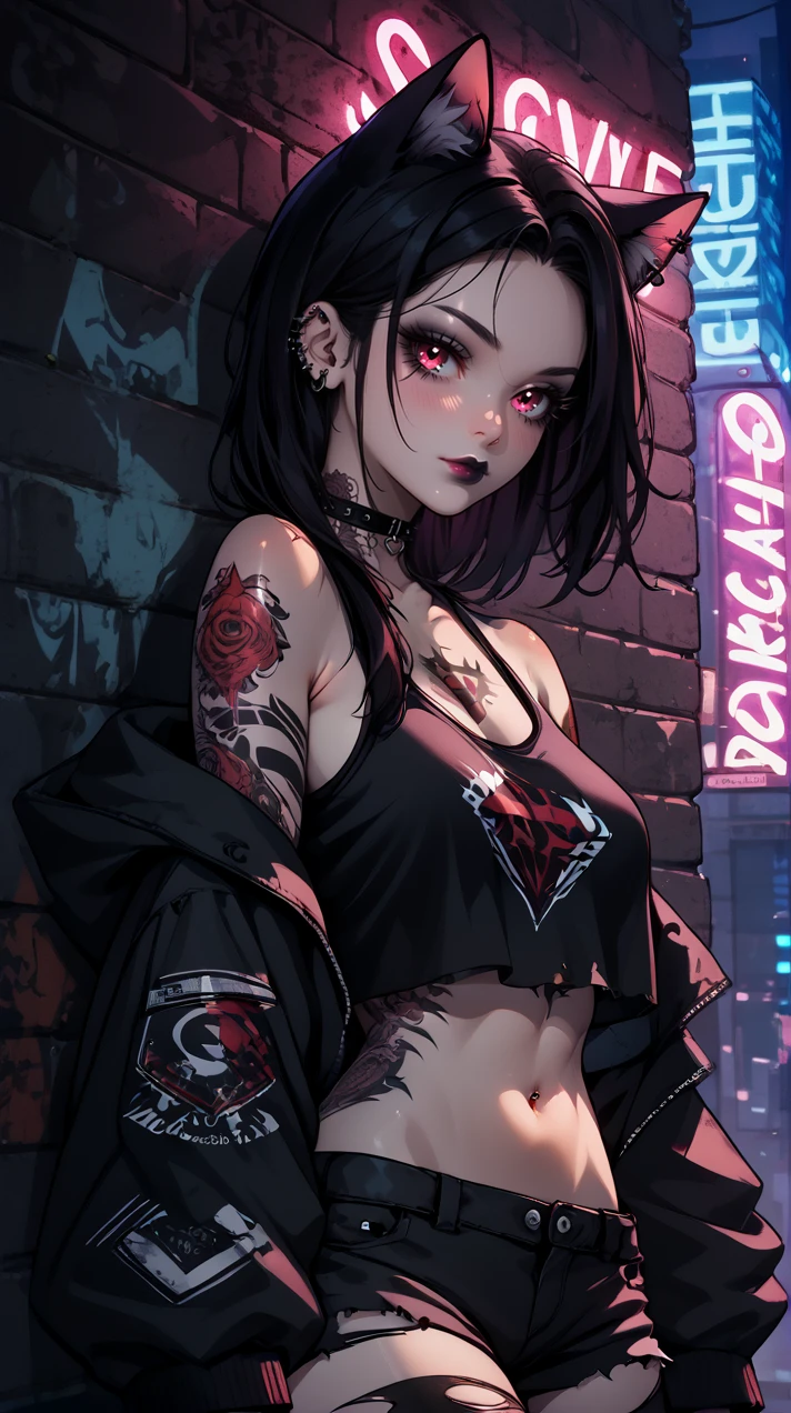 goth girl, cat girl,  chest tattoos, covered in tattoos, neck tattoo, shoulder tattoo, arm tattoos, black hair,medium breast, pinup pose, (oversized jacket, hands in sleeves, jacket, off the shoulder jacket, ((crop top, loose crop top)), (short demi shorts), black torn leggings in combat boots), BREAK, dark, at night, outdoors, in city, outside nightclub, leaning against wall, neon signs, night <lora:RengaComicPony:0.8> <lora:gg3:0.8> Goth girl, Goth girl 1girl <lora:Cat_Girls_PonyXL:0.8> Cat girl, score_9,score_8_up,score_7_up,highres, masterpiece,