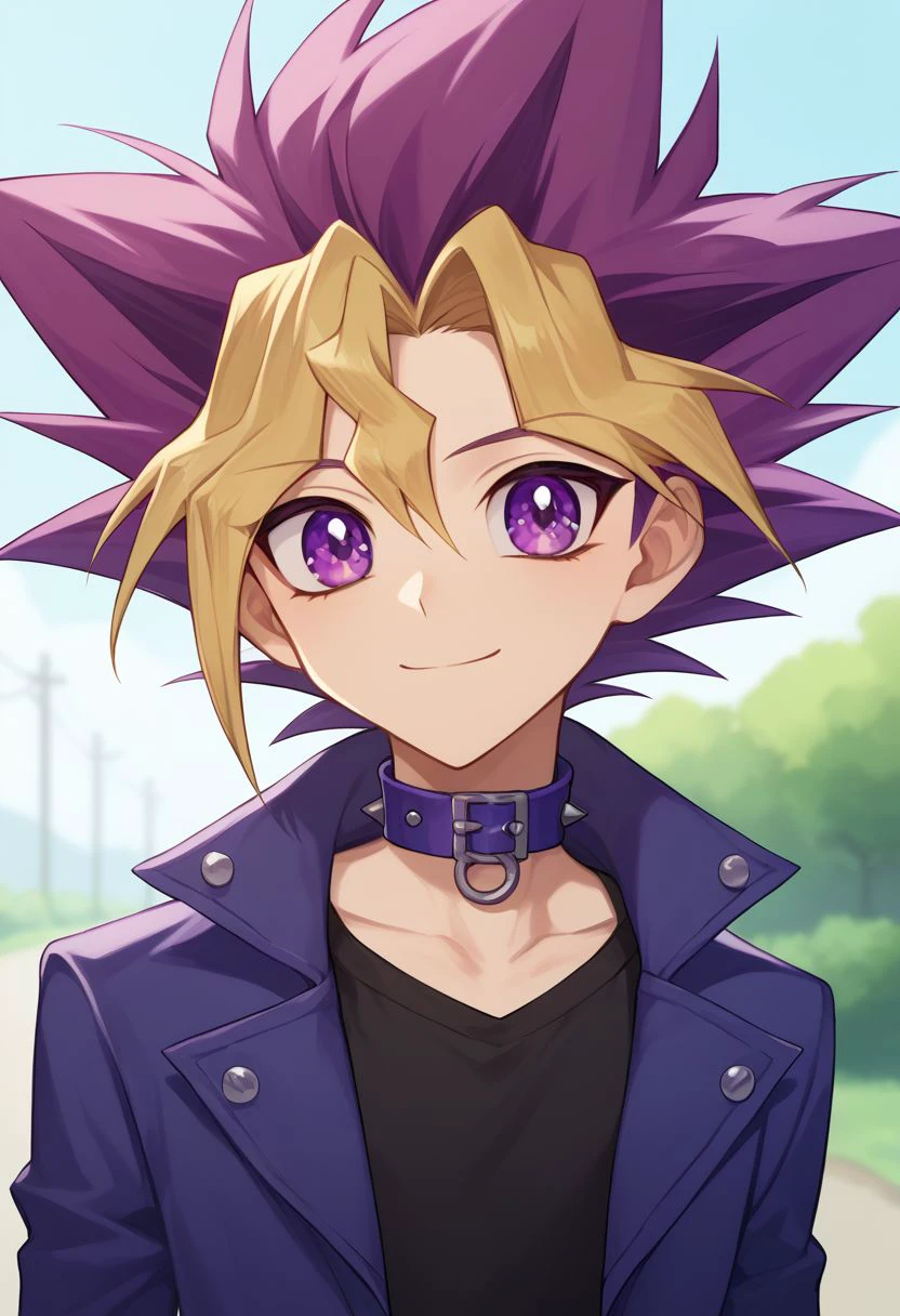 score_9, score_8_up, source_anime, highly detailed, 
yugi, 1boy, skinny, cute, male focus, solo, dyed bangs, smile, purple eyes, blonde hair, spiked hair, bangs, shirt, collar, multicolored hair, jacket, black shirt, purple hair, 
outdoor,