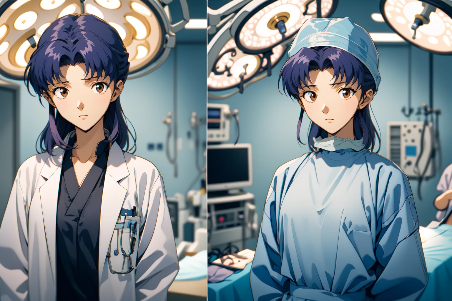 (RAW photo, best quality),  
 <lora:concept_doctor_two_panes_1_1:1> surgeon_two_panes, side by side,
 <lora:eva_katsuragi_misato_v1_2:0.75> katsuragi misato