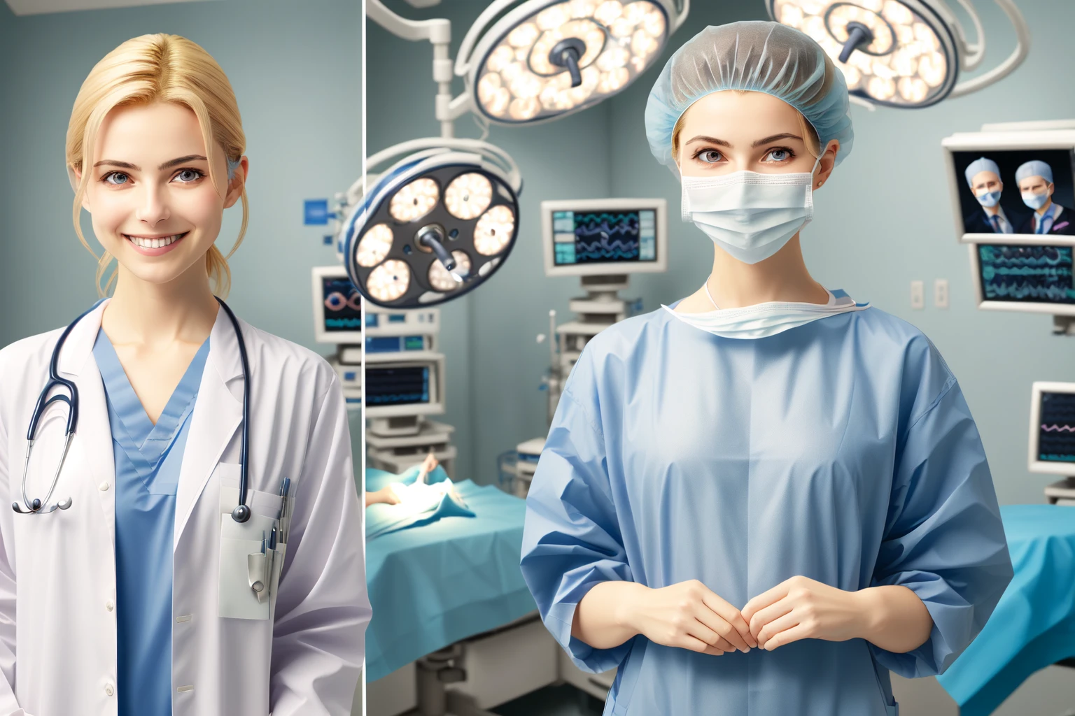 (RAW photo, best quality),  
 <lora:concept_doctor_two_panes_1_1:1> surgeon_two_panes, side by side,
smile,