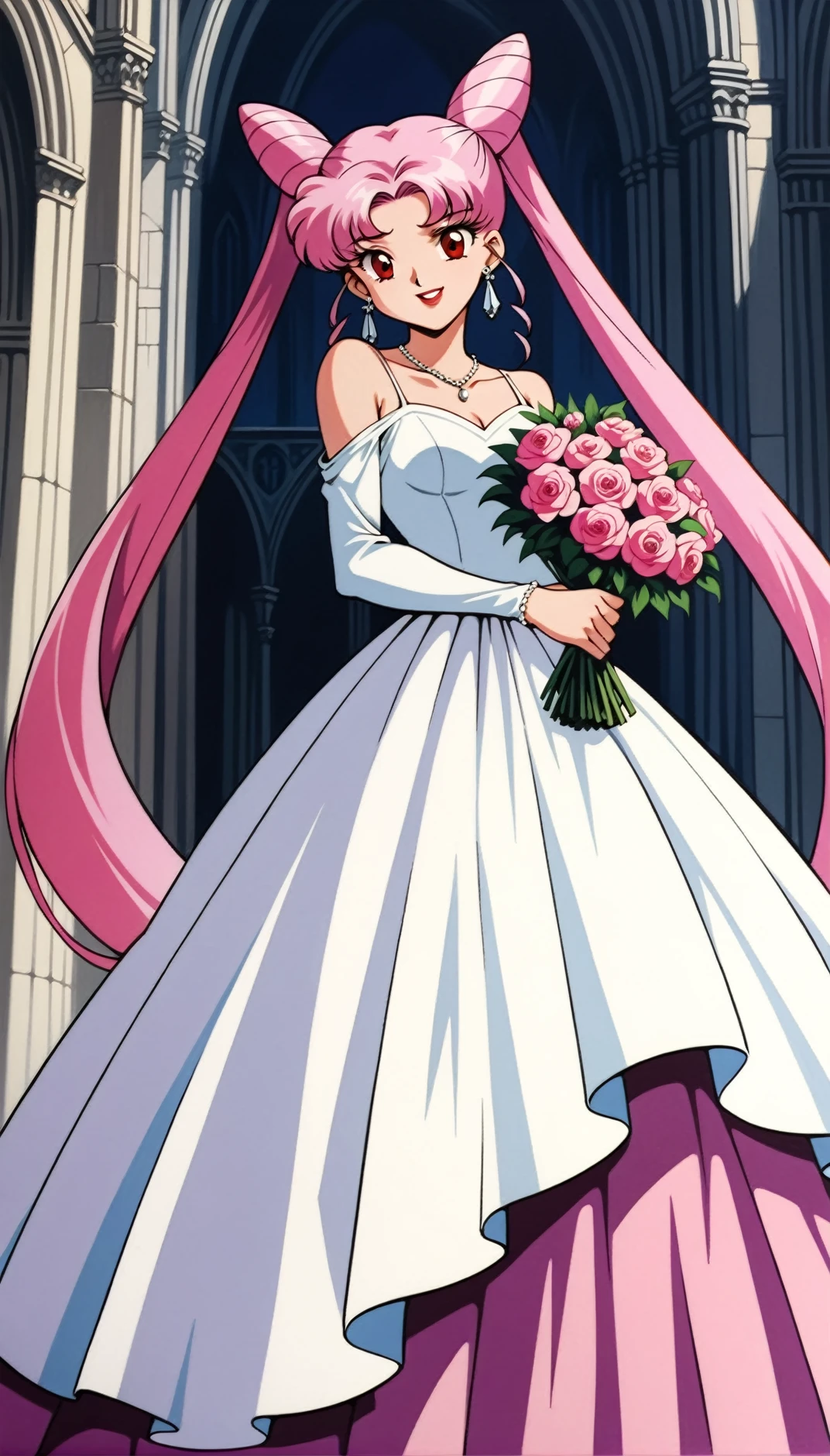 masterpiece,best quality,very aesthetic,ultra detailed,intricate details,<lora:Black Lady1:0.8>,1990s \(style\),Black Lady1,1girl,solo,pink hair,cone hair bun,long hair,hair bun,double bun,red eyes,twintails,very long hair,wedding dress,necklace,earrings,smile,holding bouquet,pink flower,cathedral,