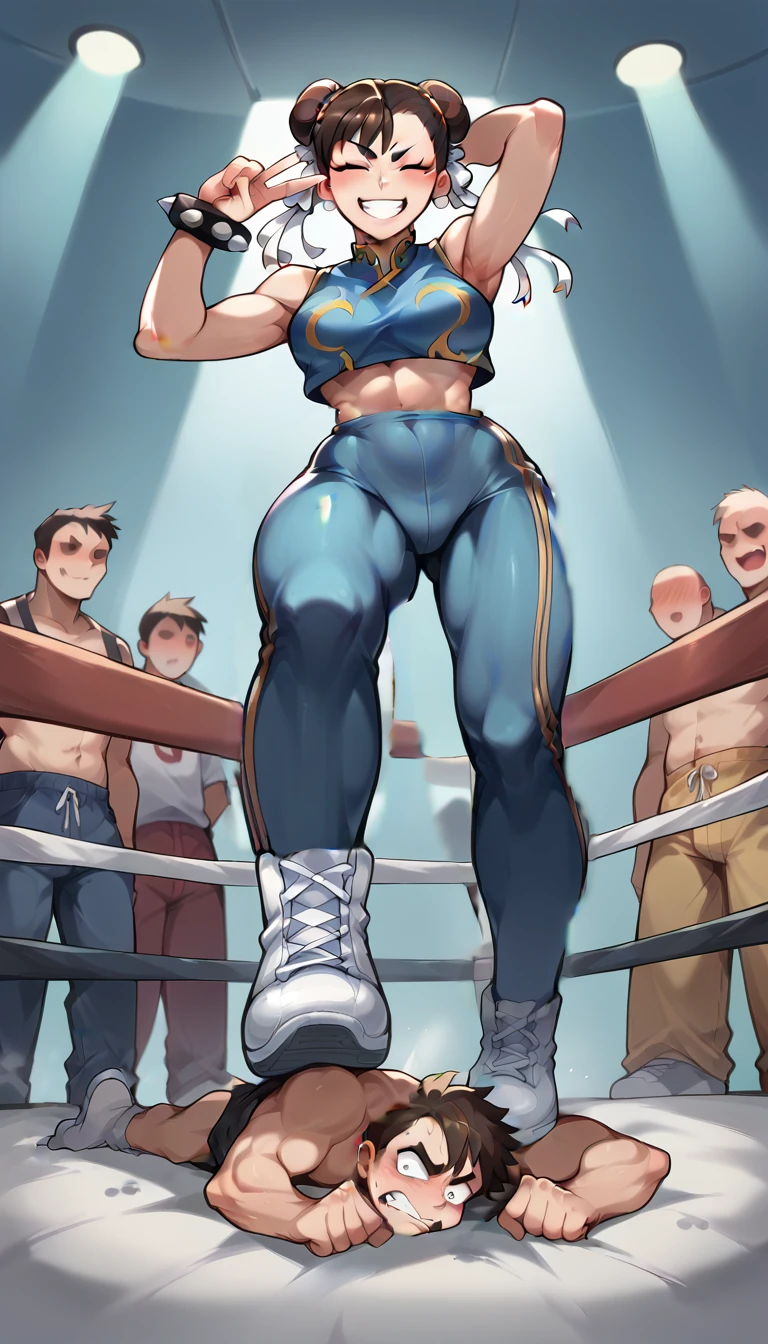 A beautiful girl beautiful attractive big breast white hair messy cut her eye blue eye cute latina pink lip dresses shiny black coat under black bra shows navel and a blue thong blue socks long net transparent big brown boot black boxing glove