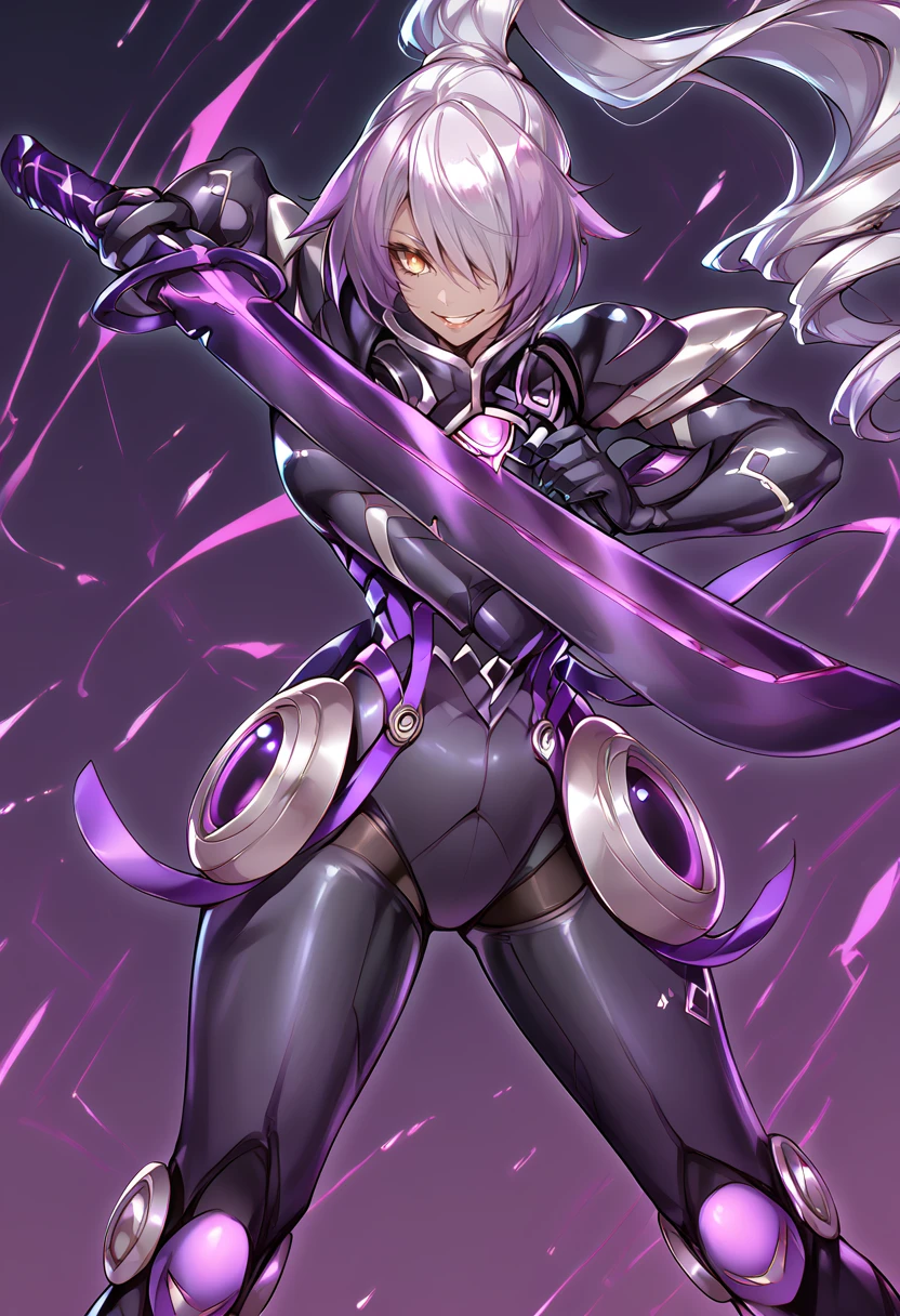 (score_9:0.9),score_8_up,score_7_up,anime style,rating_safe,(zPDXL),<lora:Sky striker ace - azalea ponyXL v2:0.75>,sky striker ace - azalea,black battle suit,weapon,solo,standing,holding,holding purple katana,purple katana,evil smile,impaling,<lora:impaling:0.8>,purple theme, teeth