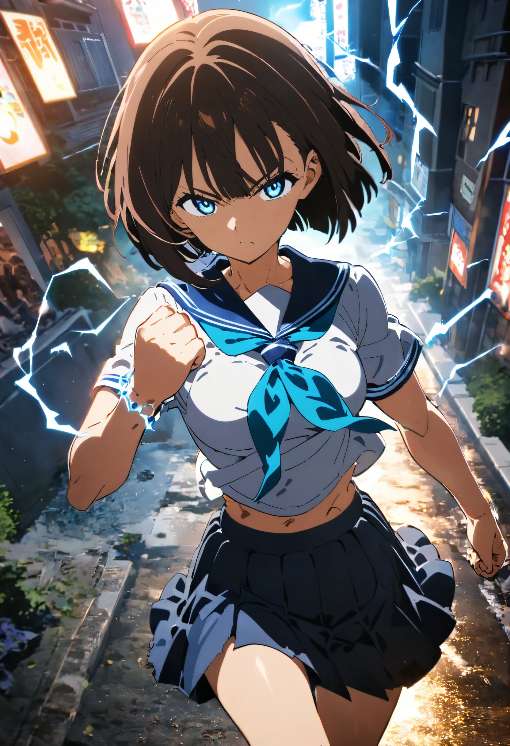 1girl, original, hirukawamaya, (solo:1.1), hand up, clenched hand, legs apart, (cowboy shot), athletic, medium breasts, blunt bangs, short hair, bob cut, left swept bangs, serious, powerful, brave, determined, dominant, v-shaped eyebrows, school uniform, serafuku, sailor shirt, blue sailor collar, blue pleated skirt, aqua neckerchief, (torn clothes:1.2), torn clothes showing the bra underneath, bra, (electricity:1.2), night, night sky,  henshin, electricity on bracelet, detailed ultra photorealistic suburb, Tokyo,  outdoors, cinematic composition, epic composition, cinematic angle, cinematic lighting, great lighting, perfect hands, detailed body, detailed shadows,  anime artwork, anime style, key visual, vibrant, studio anime, ultra-detailed, highly detailed, newest, late, anime coloring, masterpiece, best quality, very aesthetic, absurdres <lora:great_lighting:4> <lora:hirukawamaya:0.8>  <lora:hand5:1> <lora:xl_more_art-full_v1:0.6>