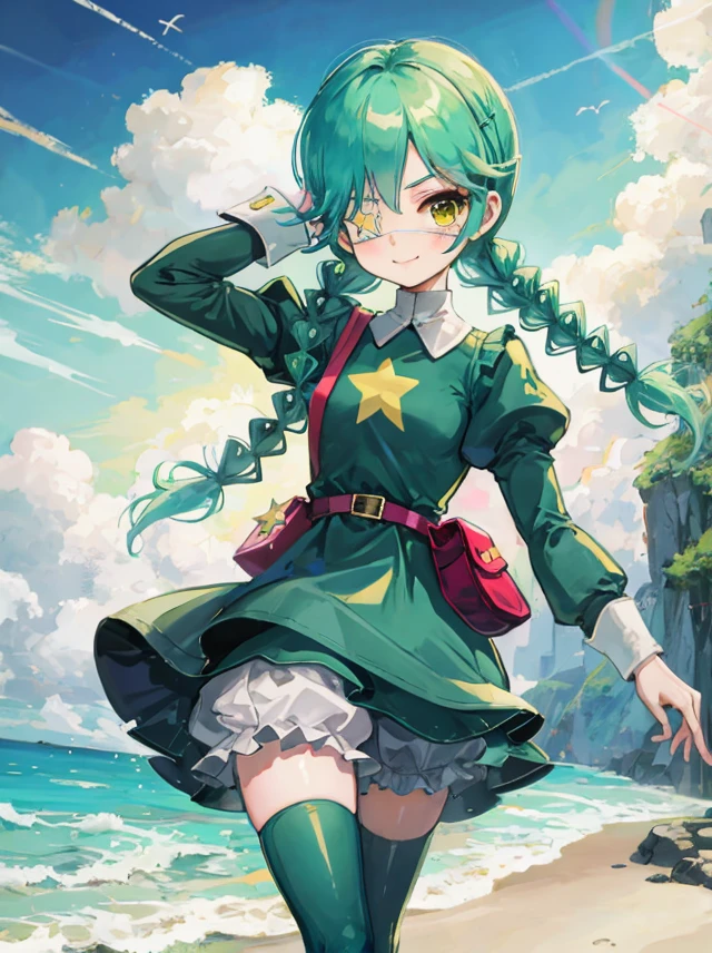 masterpiece, best quality, sgannie, 1girl, yellow eyes, eyepatch, green hair, braid, twin braids, green dress, dress, long  sleeves, puffy sleeves, belt, pouch, belt pouch, star, white bloomers, green thighhigh, boots, green boots, zettai ryouiki, walking, smile, beach <lora:annie-v2:1>