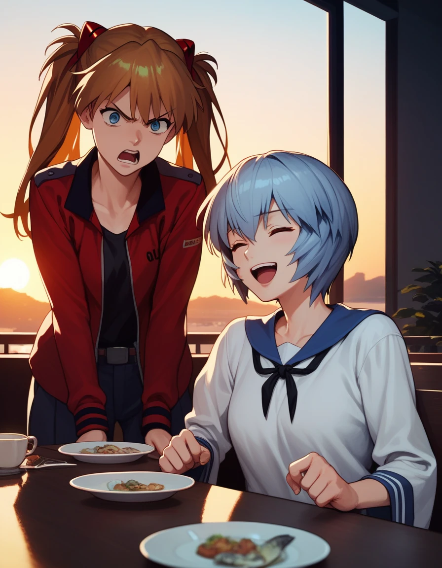 score_9, score_8_up, score_7_up, source_anime, 2girls, arguing, sunset, table, cinematic lighting BREAK
souryuu asuka langley, angry, open mouth BREAK
ayanami rei, blue hair, laughing, closed eyes