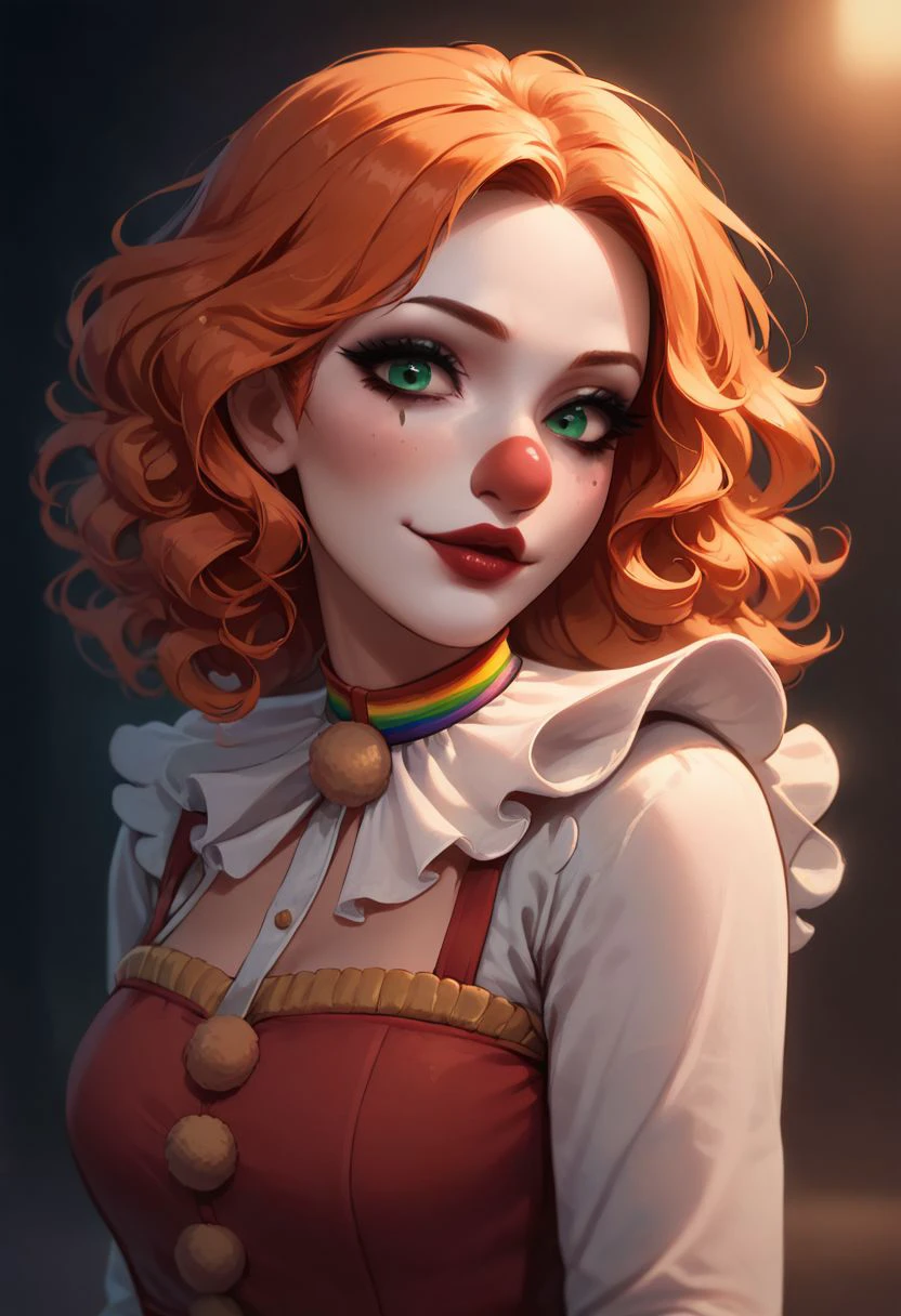 (((beautiful, high quality))), upper Body, score_9, score_8_up, score_7_up, 
looking at the viewer, posing, 
Clown, Clown makeup, clown costume, colorful clown costume, red clown nose, 1girl, ginger curly hair, green eyes,
dark background, blurred background,