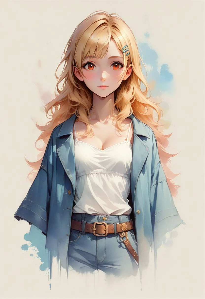 Faded Headshot, faded bottom, faded edges ,score_9,score_8_up,score_7_up,score_6_up,score_5_up,
1girl, Hiro Shinosawa, (/gakuen idolmaster
)/,(ultra HD quality details), orange eyes, white eyelashes, blonde hair, long hair, 
hairclip,
white camisole, blue shorts, coat, wide sleeves, belt, white footwear
perfect anatomy, perfect face, abstract beauty, beautiful, centered, looking at the camera, approaching perfection, dynamic, moonlight, highly detailed, watercolor painting, artstation, concept art, smooth, sharp focus, illustration, 
small breasts, deep cleavage,