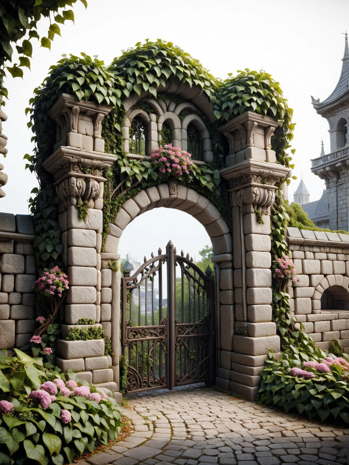 mad-cbblstn old city gate, ivy, overgrown, flowers, fantasy <lora:Cobblestone_SDXL:1>, (masterpiece:1.2), best quality