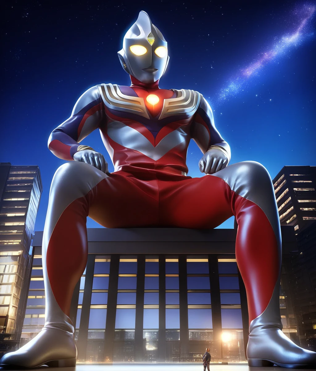 Score_9,score_8_up,score_7_up,score_6_up,score_5_up,score_4_up,source_anime,1boy,solo,no humans,yellow eyes,glowing_eye,mask,metal skin,colored skin,red chest light,color timer,aliens,ultraman tiga,strong,masayoshi,giant,sitting,sit on the building,tokusatsu,night,starry sky,from below,<lora:Role_Ultraman_Tiga:0.9>,