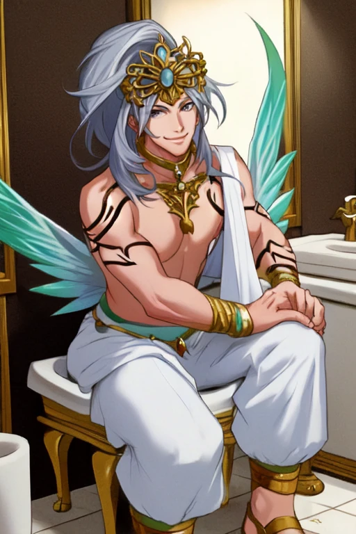 (masterpiece),(best_quality),(((sittting on toilet))),1boy,Ususama,body tattoo,white floating shawl,hair ornament,gold neckwear,bare shoulders,bare pectorals,white sash,harem pants,crystal wings,smile,<lora:Ususama:1>,