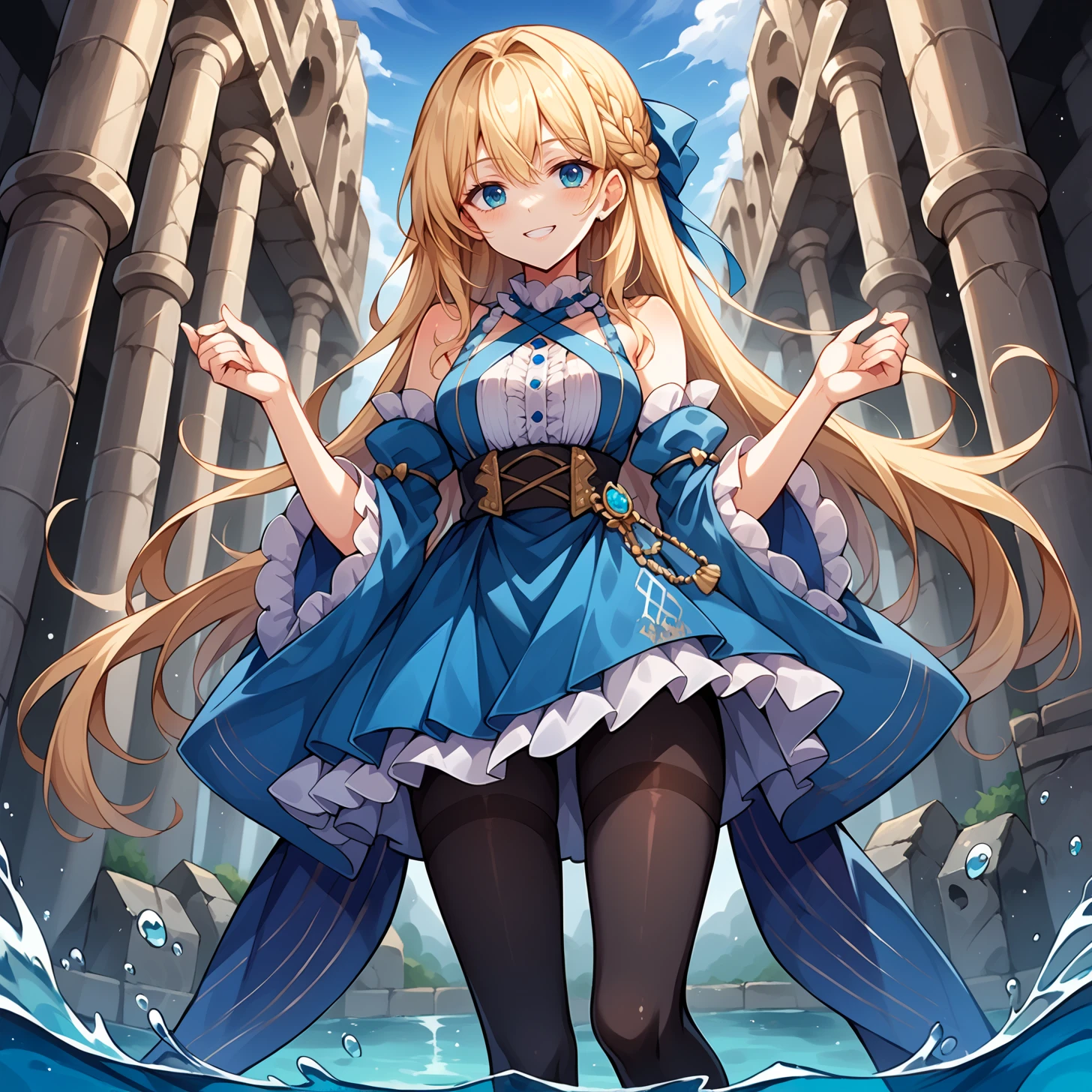 score_9, score_7_up, source_anime, solo, smile, hands up, official wallpaper, fantasy temple, ruins, floating object, marble \(stone\), water, blue theme, BREAK <lora:mxmarina:1> mxmarina, french braid, half updo, Hair ribbon, frilled choker, criss-cross halter, sleeveless dress, high-waist skirt, backless dress, blue dress, waist blue bow, detached sleeves, frilled sleeves, wide sleeves, blue sleeves, black pantyhose, patterned legwear, pinstripe pantyhose, mary janes, very long hair, dynamic angle,