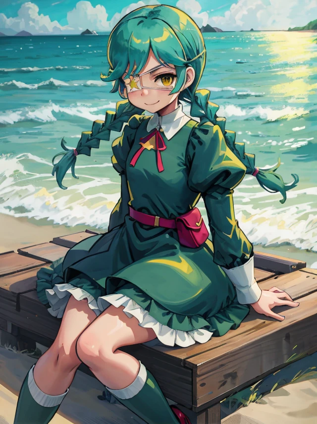 masterpiece, best quality, sgannie, 1girl, yellow eyes, eyepatch, green hair, braid, twin braids, green dress, dress, long  sleeves, puffy sleeves, belt, pouch, belt pouch, star, white bloomers, green thighhigh, boots, green boots, zettai ryouiki, sitting, smile, beach <lora:annie-v2:1>