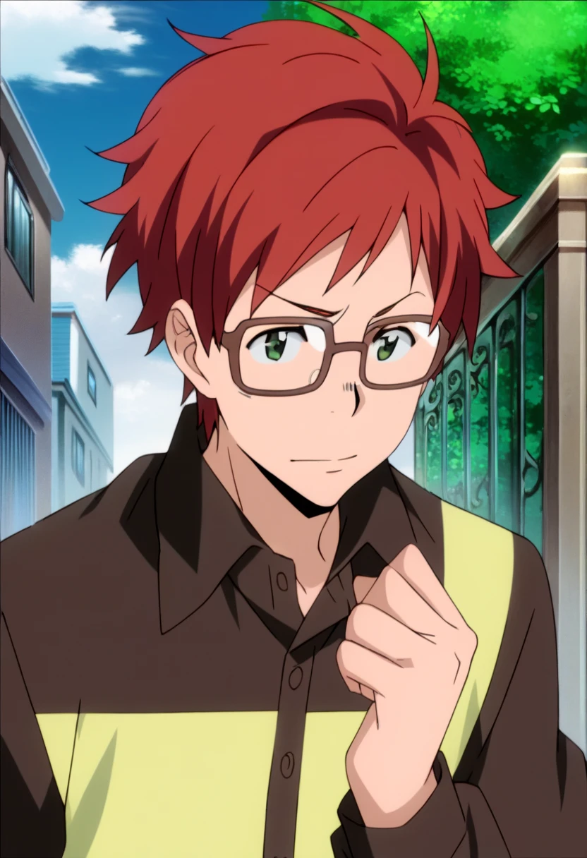 score_9, score_8_up, score_7_up, score_6_up, highly detailed, masterpiece, best quality,detailed,intricate details, amazing quality, best aesthetic, absurdres, irie_pr, green eyes, glasses, 1boy, male focus, solo, red hair<lora:EMS-391474-EMS:1.000000>